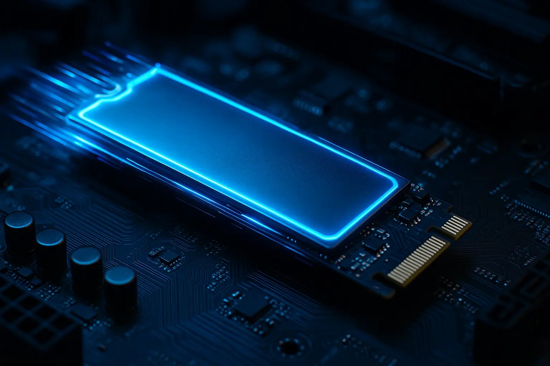 Close-up view of an NVMe M.2 SSD on a motherboard with futuristic lighting.