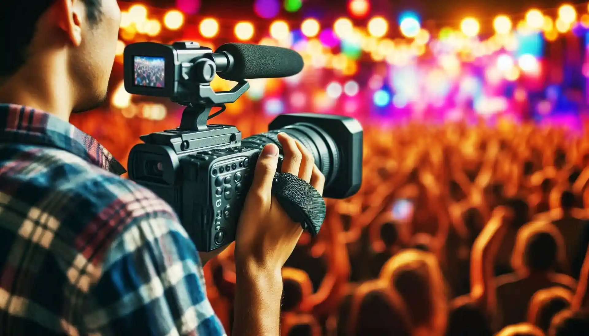 woman in red shirt holding black video camera