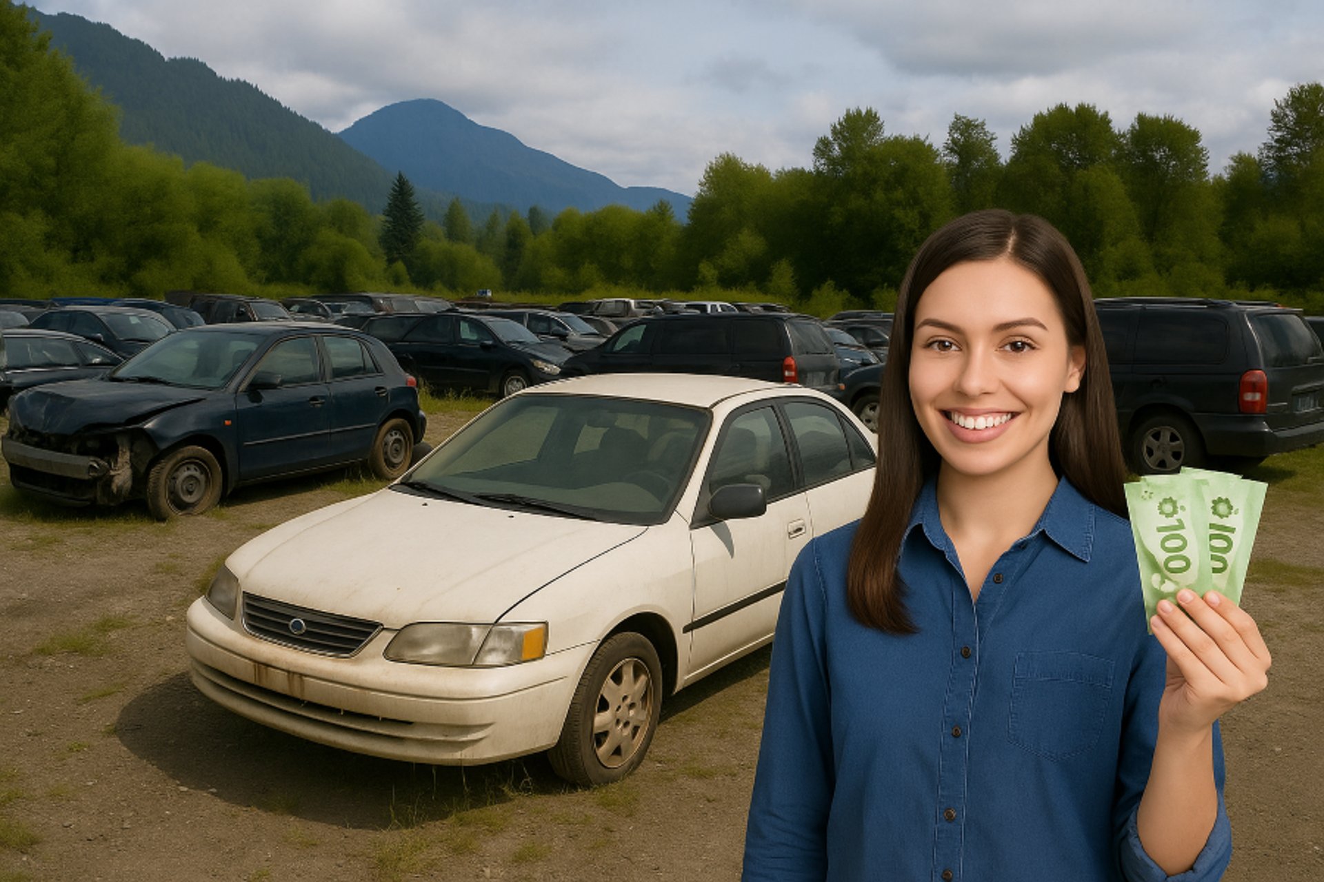 A smiling woman holds Canadian cash in front of avehicle junkyard with mountains in the background 