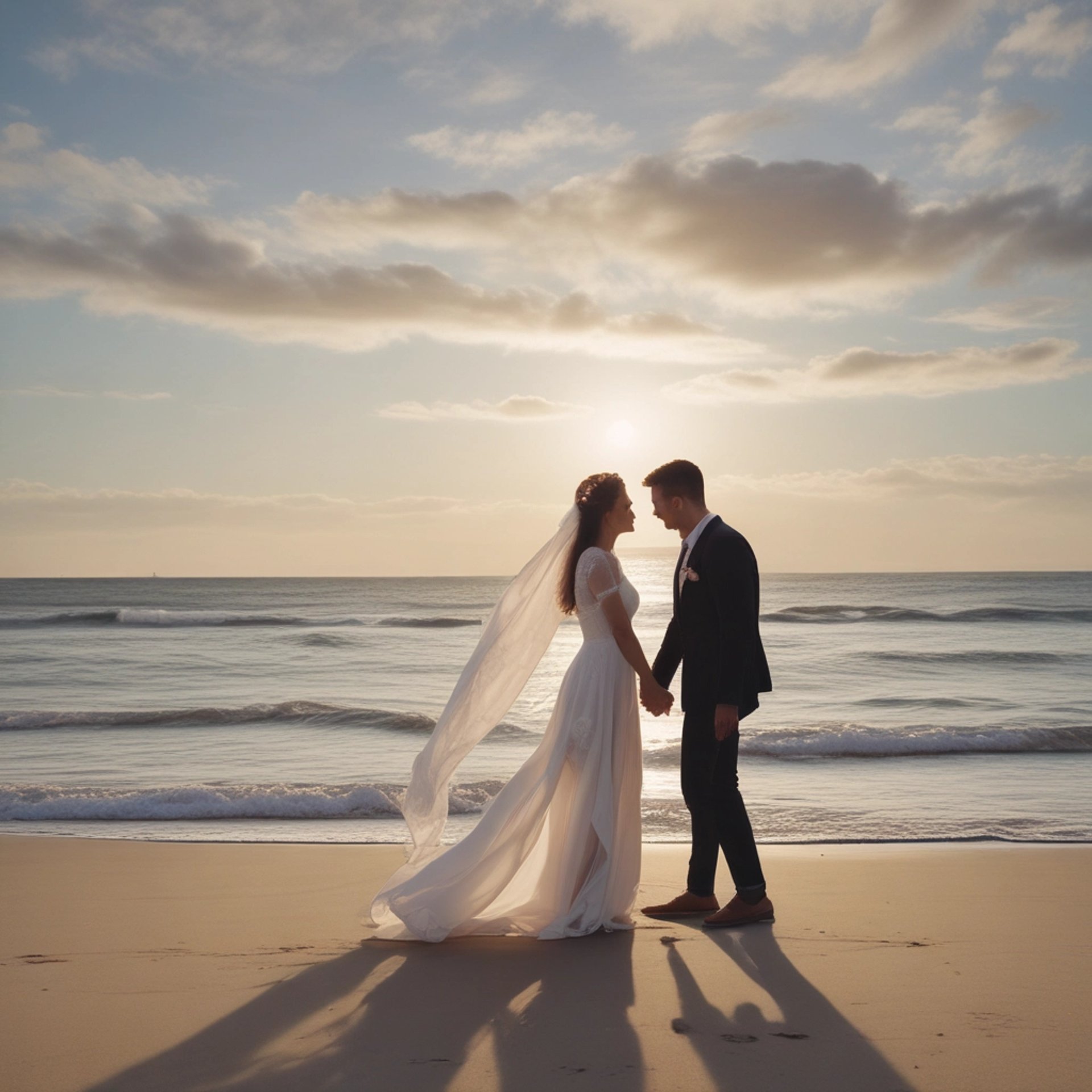 woman in white wedding dress stands in front of man in tuxedo