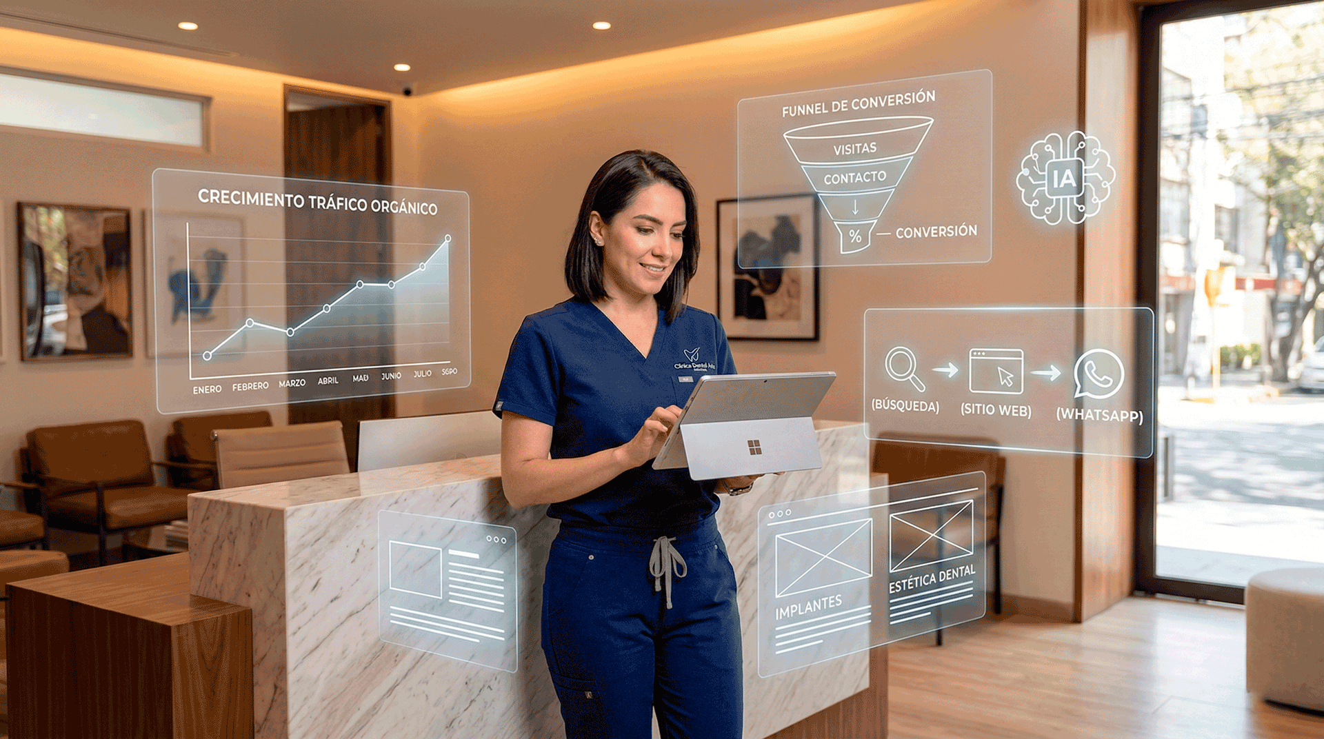 Dentista revisando estrategia de crecimiento de tráfico orgánico en clínica dental moderna en México