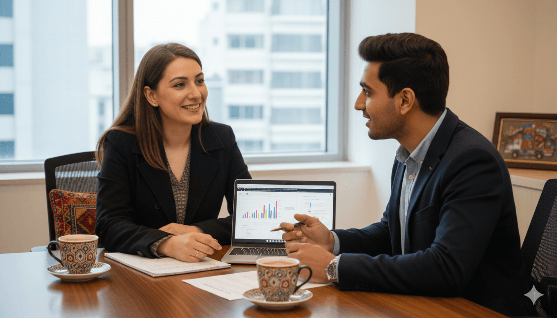 professional image of a consultant and a student having a friendly consultation meeting