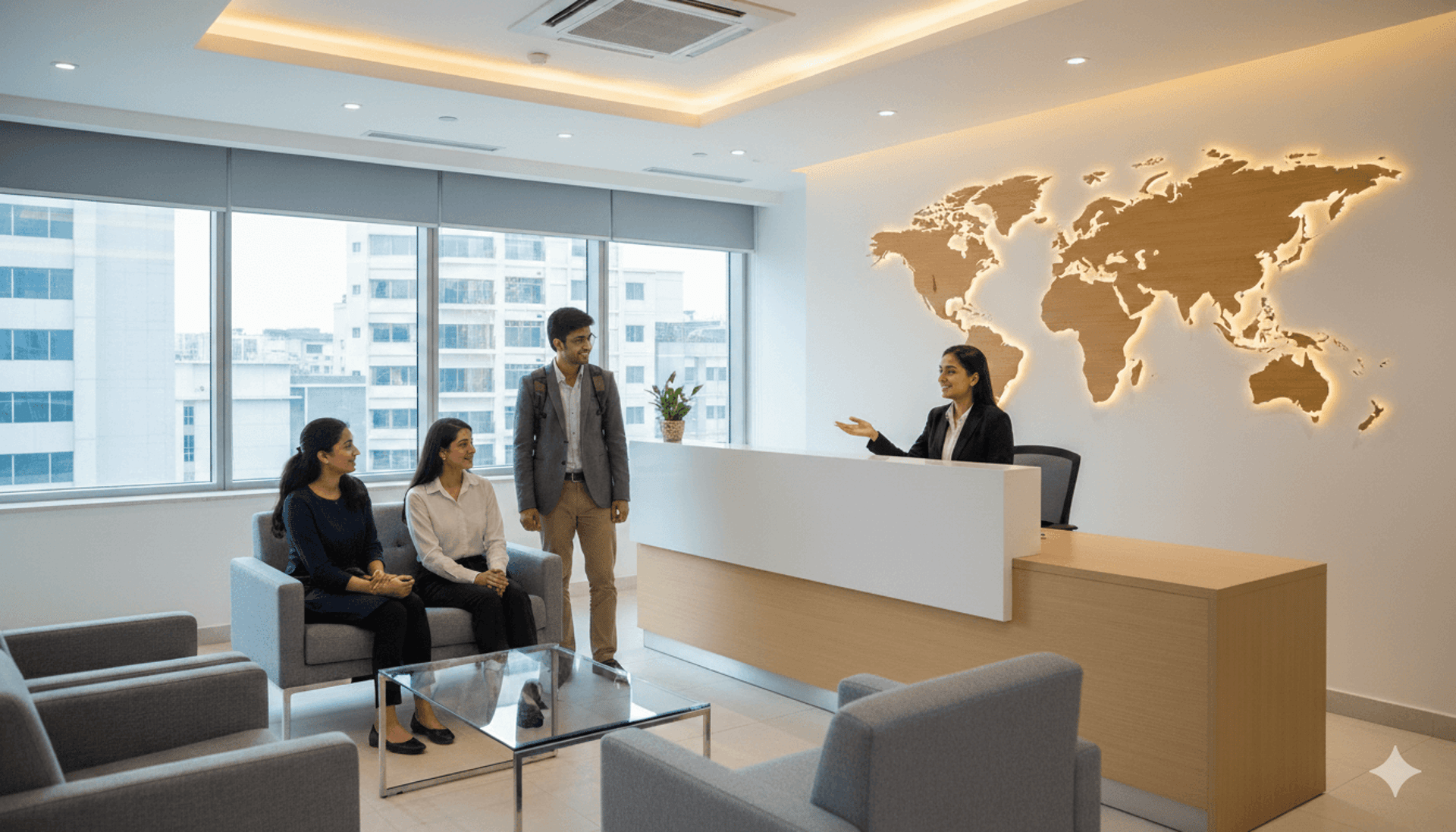 Welcoming office reception area of a modern consultancy, with Pakistani students being greeted by friendly staff