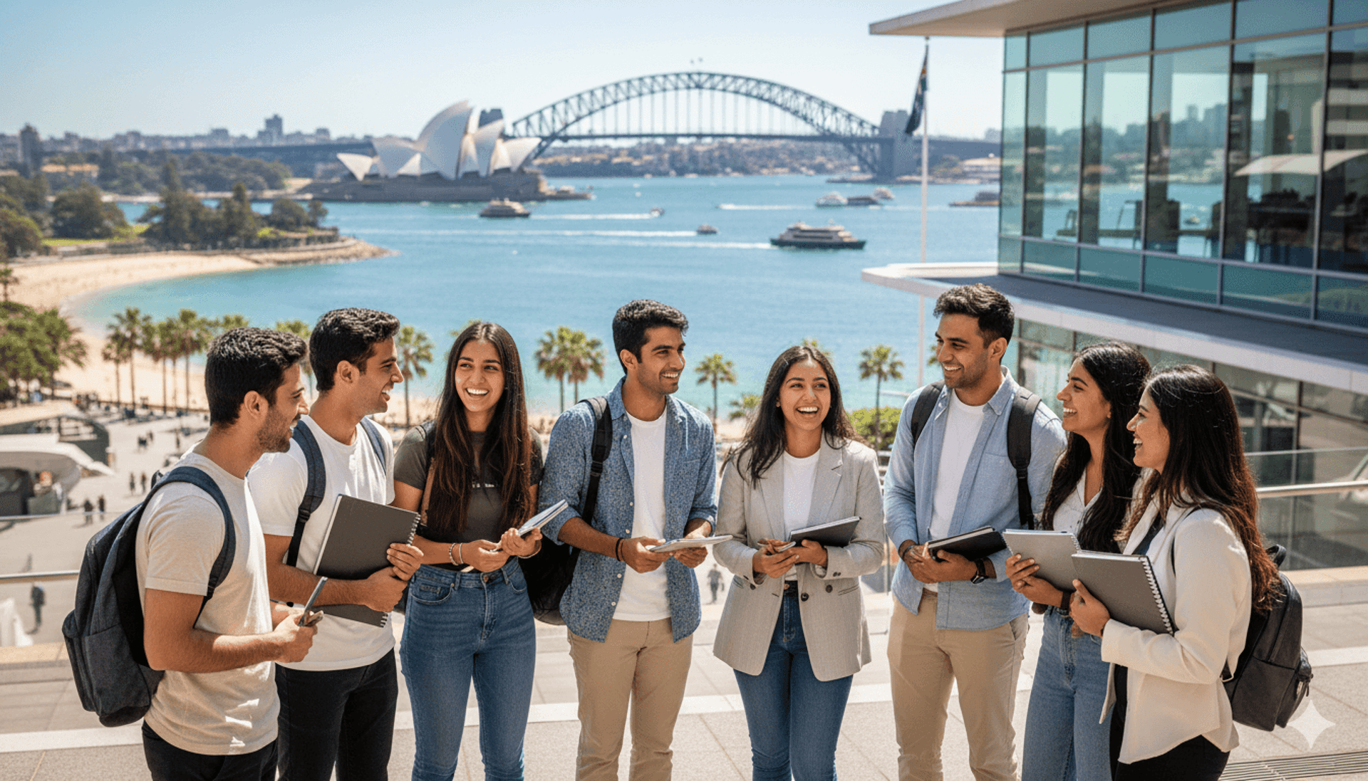 A diverse group of Pakistani students at a modern Australian campus