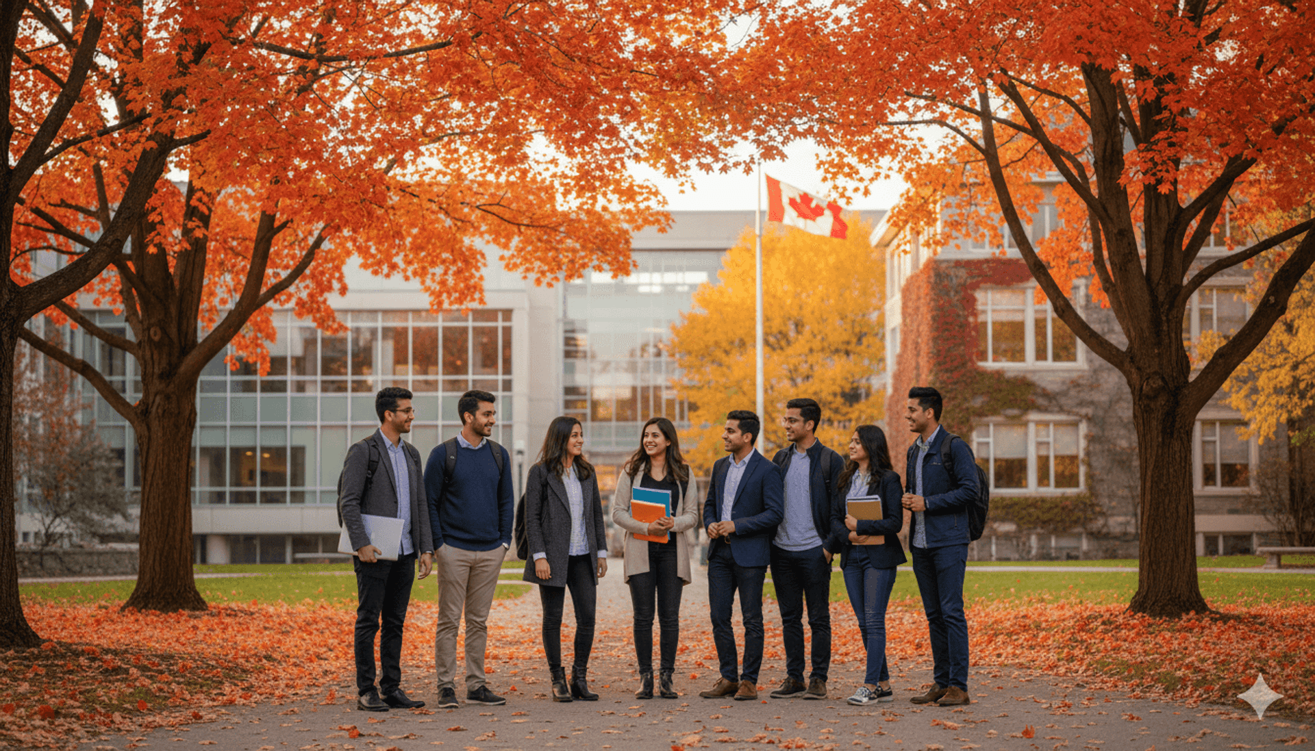 A diverse group of Pakistani students at a Canadian college/university campus during autumn