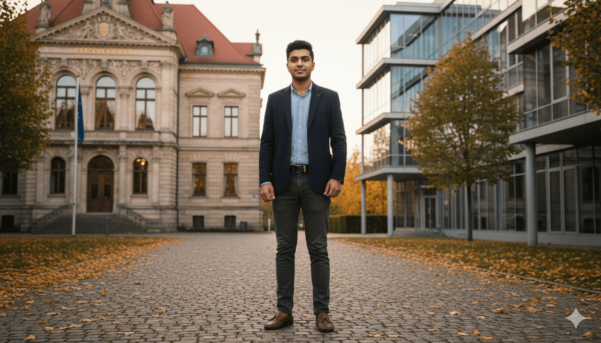 A professional photograph of a young Pakistani student in a European university