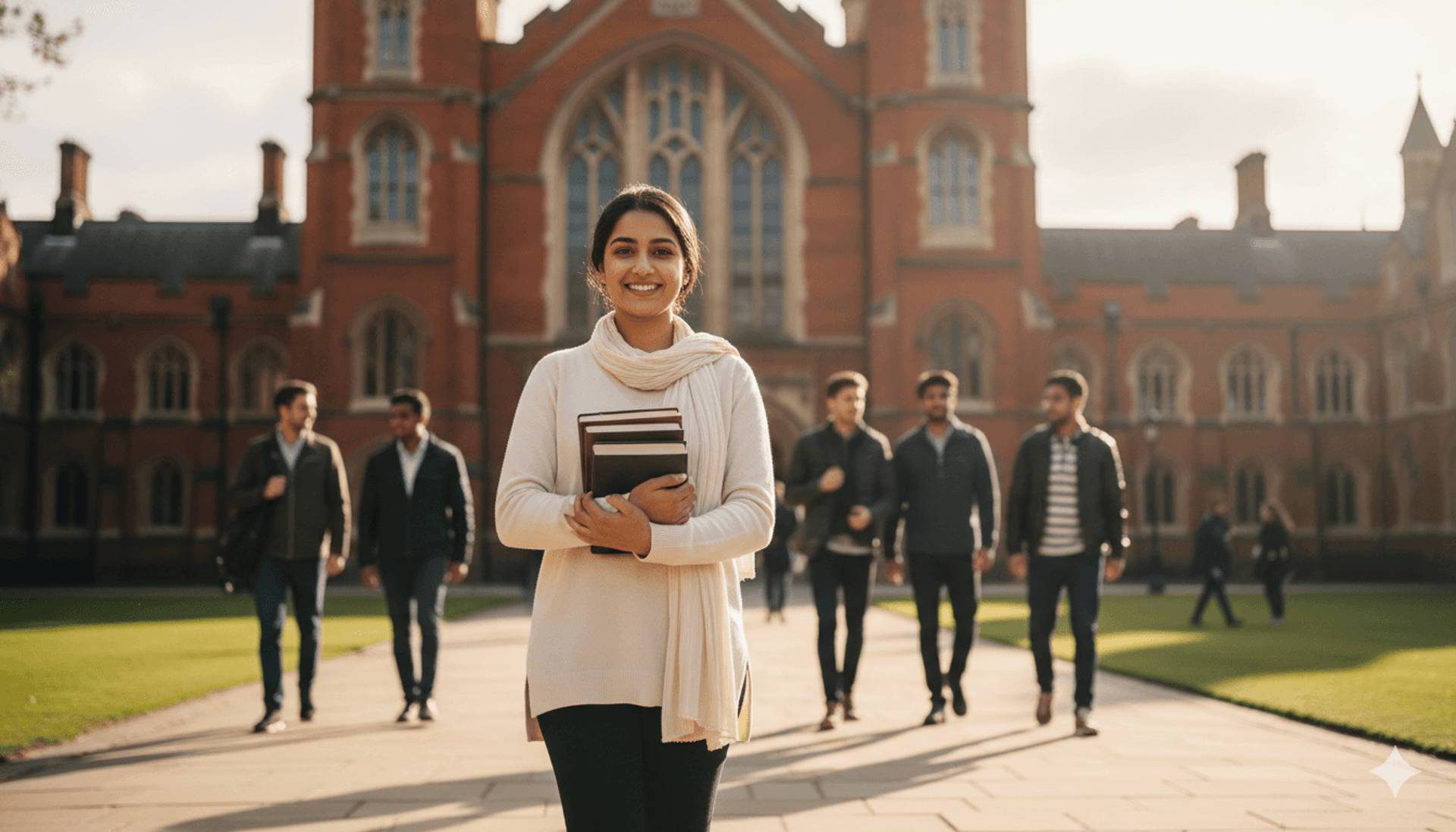 Confident young Pakistani student holding books, smiling in front of historic UK university.
