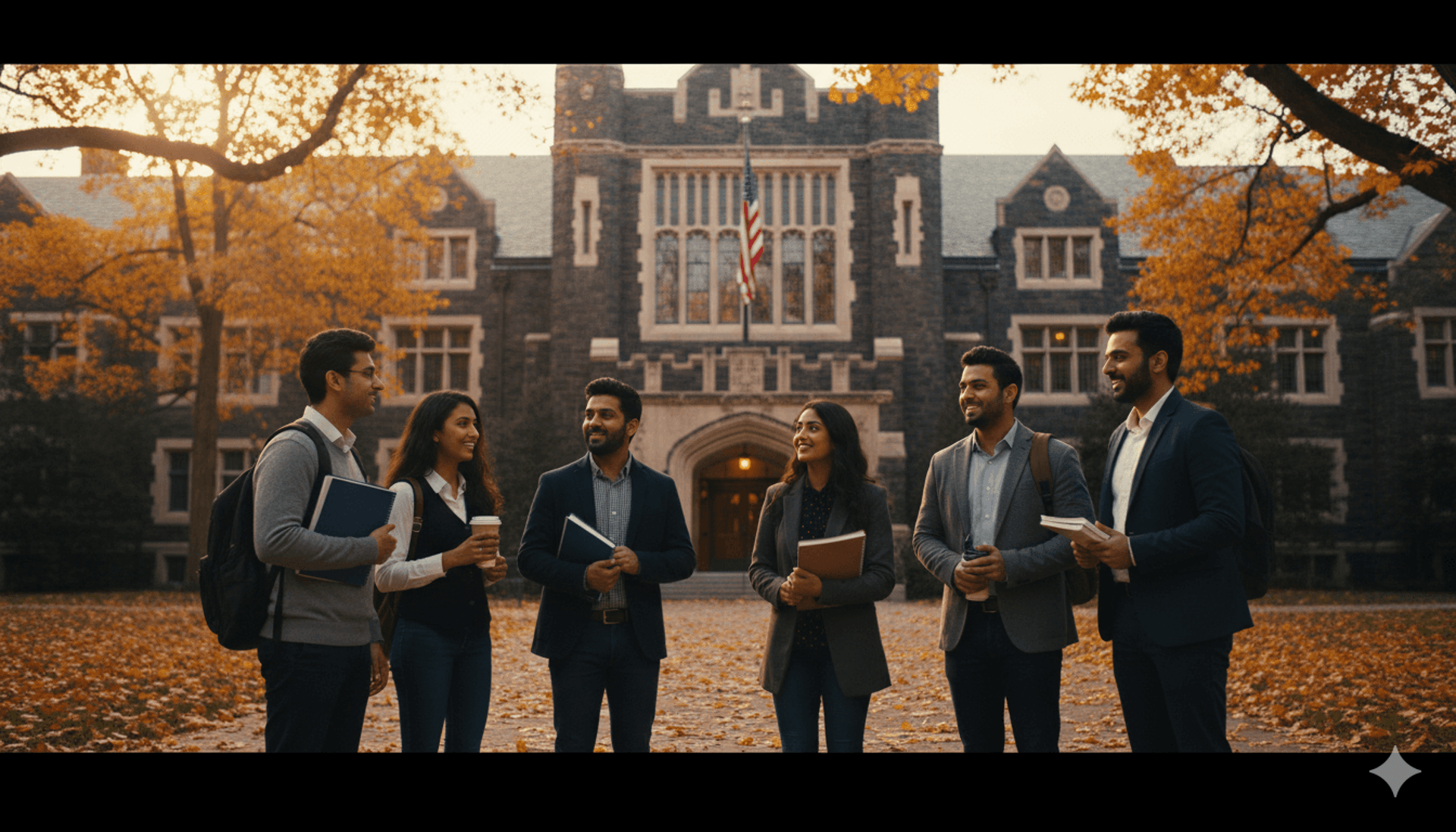 Group of Pakistani students on an iconic American university campus with collegiate Gothic architecture