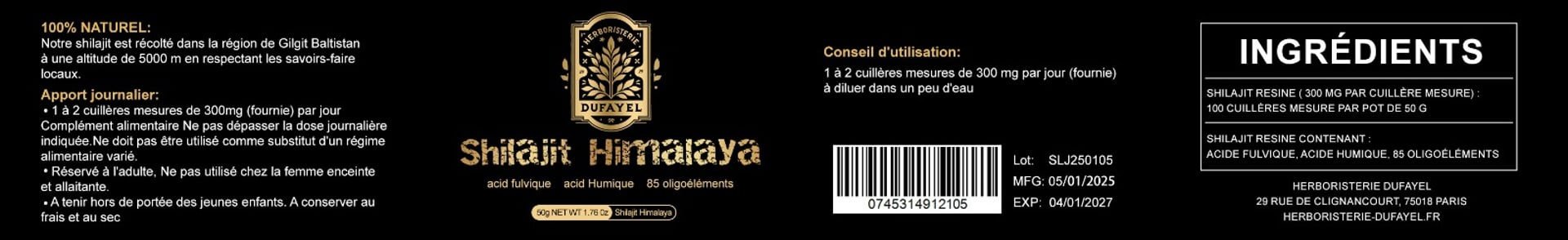 Étiquette du produit Shilajit résine en paquet de 50 grammes