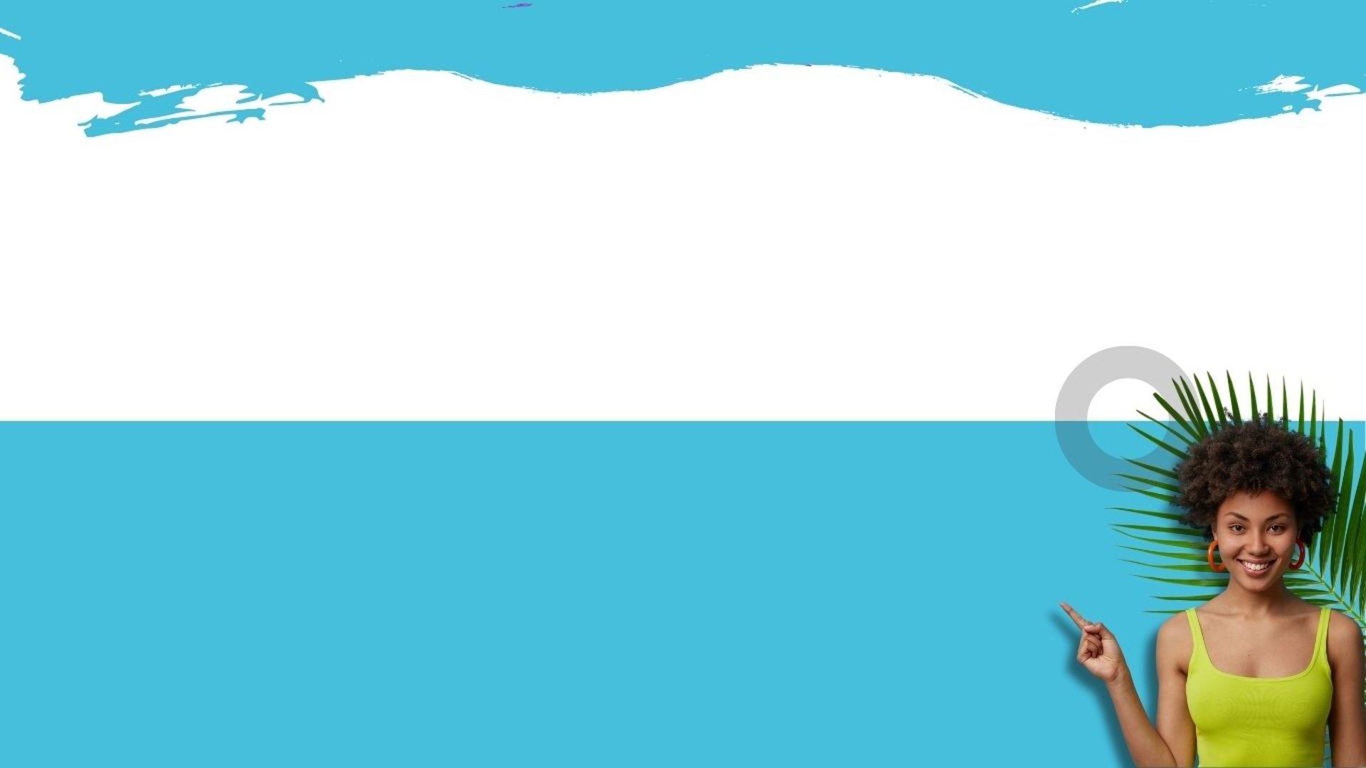 Fond blanc et bleu avec une femme  pointant du doigt