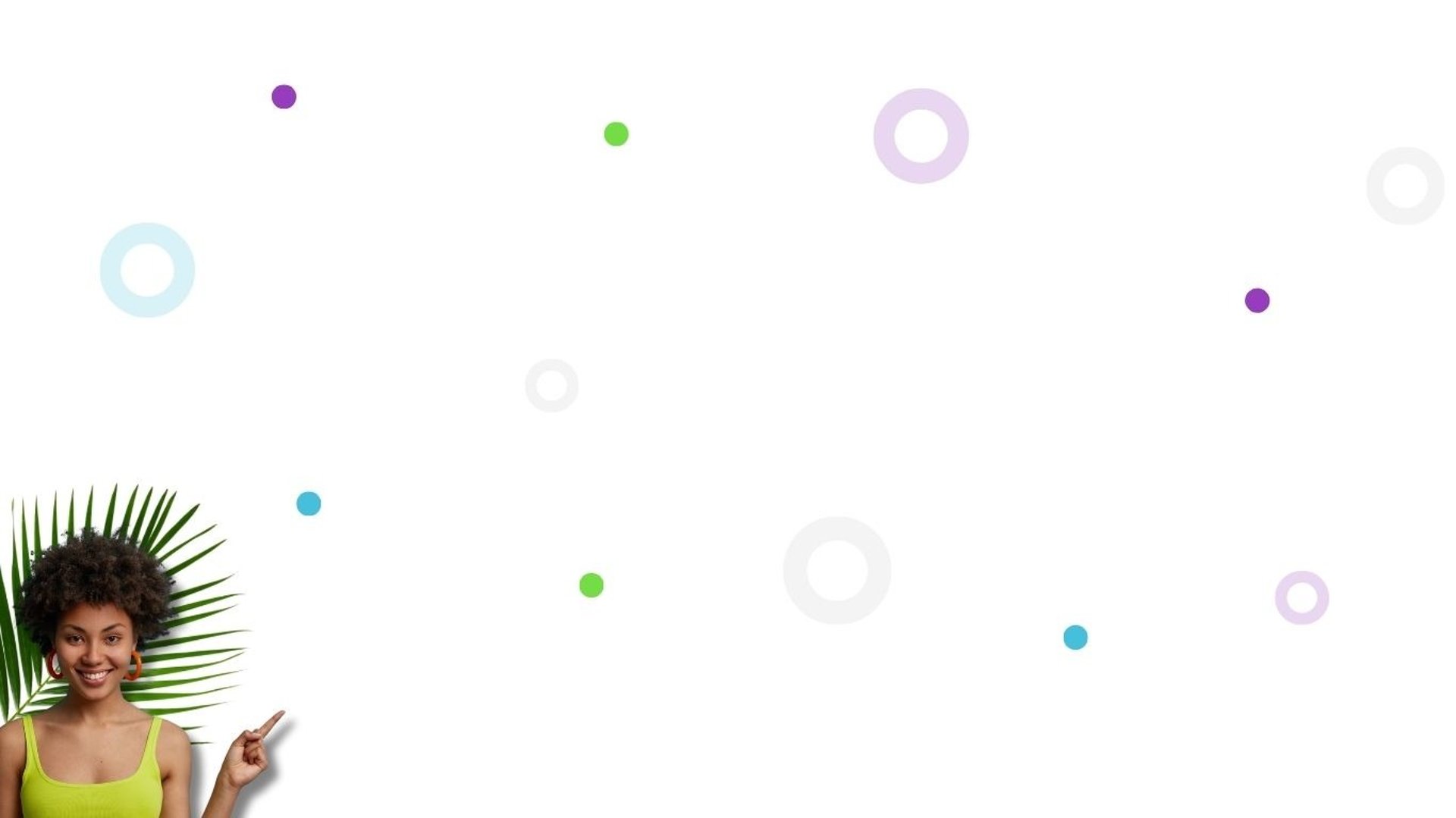 Fond blanc avec points et cercles colorés  et une femme qui pointe du doigt