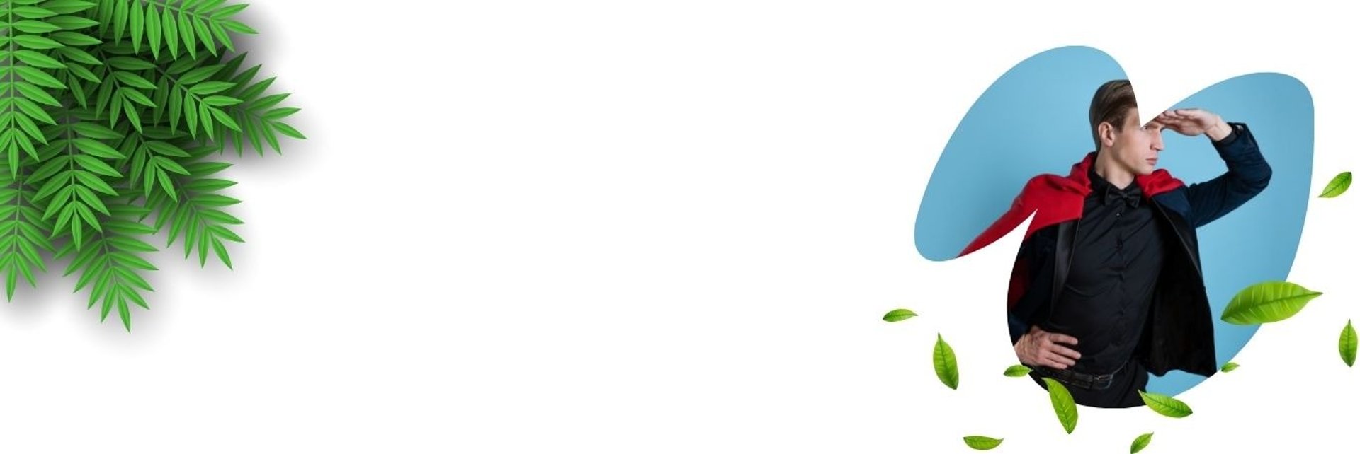 Bandeau blanc avec feuillage et une image  d'un homme qui regarde au loin