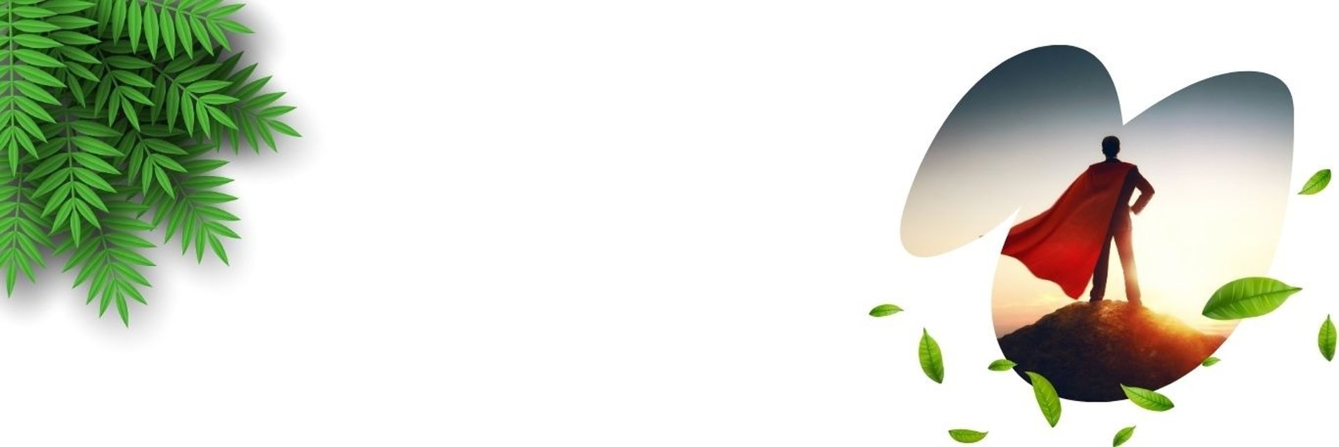 Bandeau blanc avec feuillage et une image  d'un homme debout à capuche