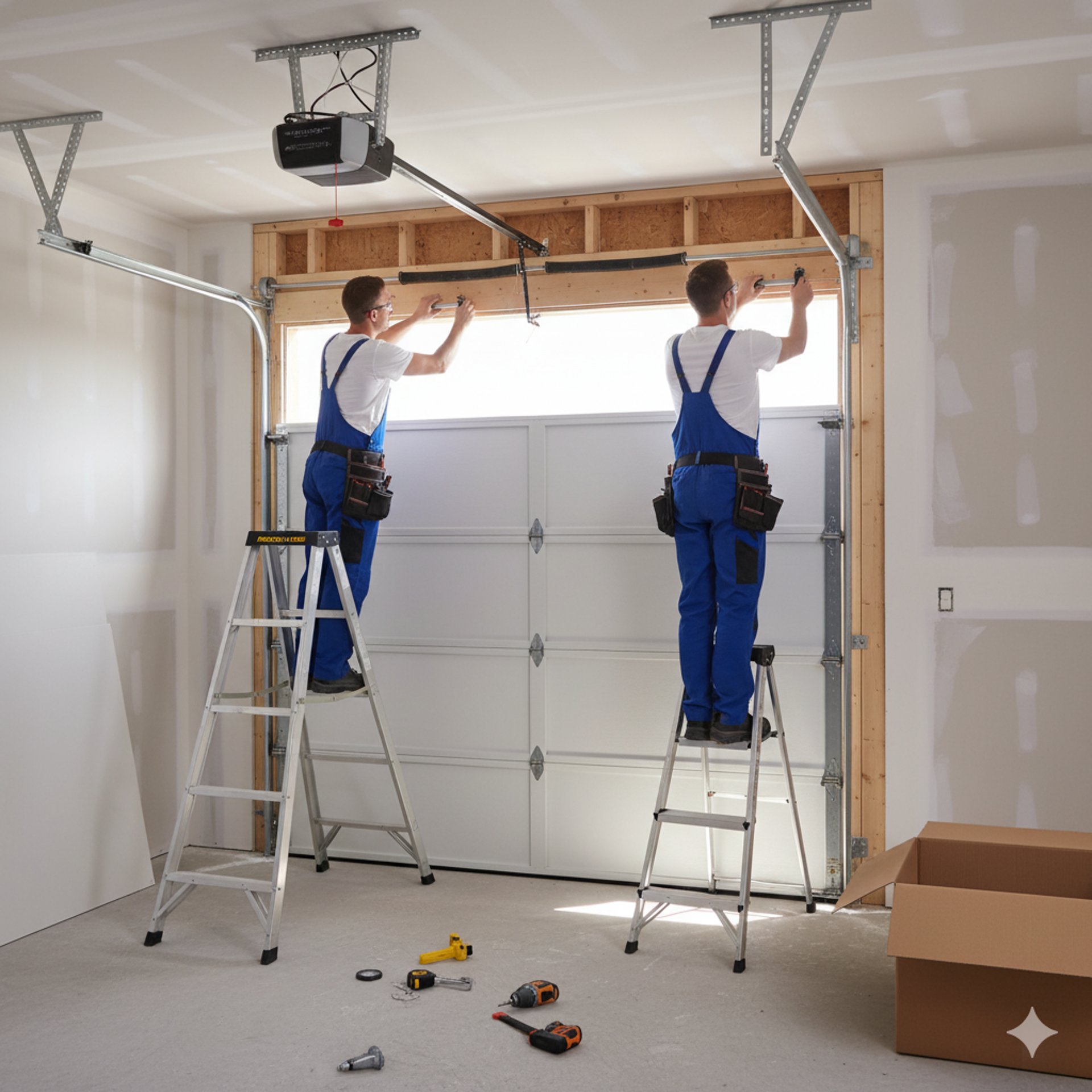Picture of 2 contractors working on a garage door in Corpus Christi, Texas