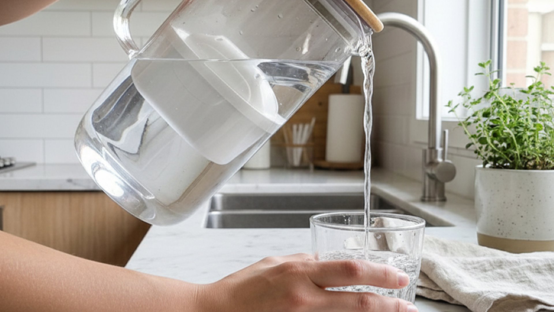 Someone is pouring water into a bottle.