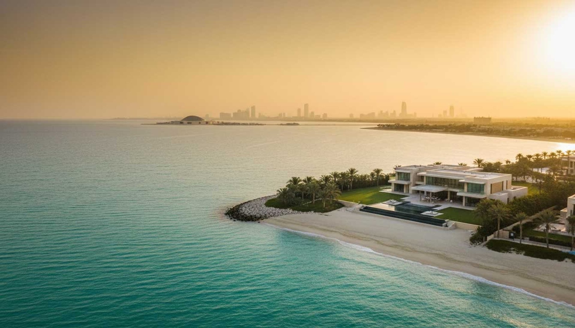 Luxury beachfront villa on Saadiyat Island Abu Dhabi with skyline view at sunset, representing prime UAE real estate.