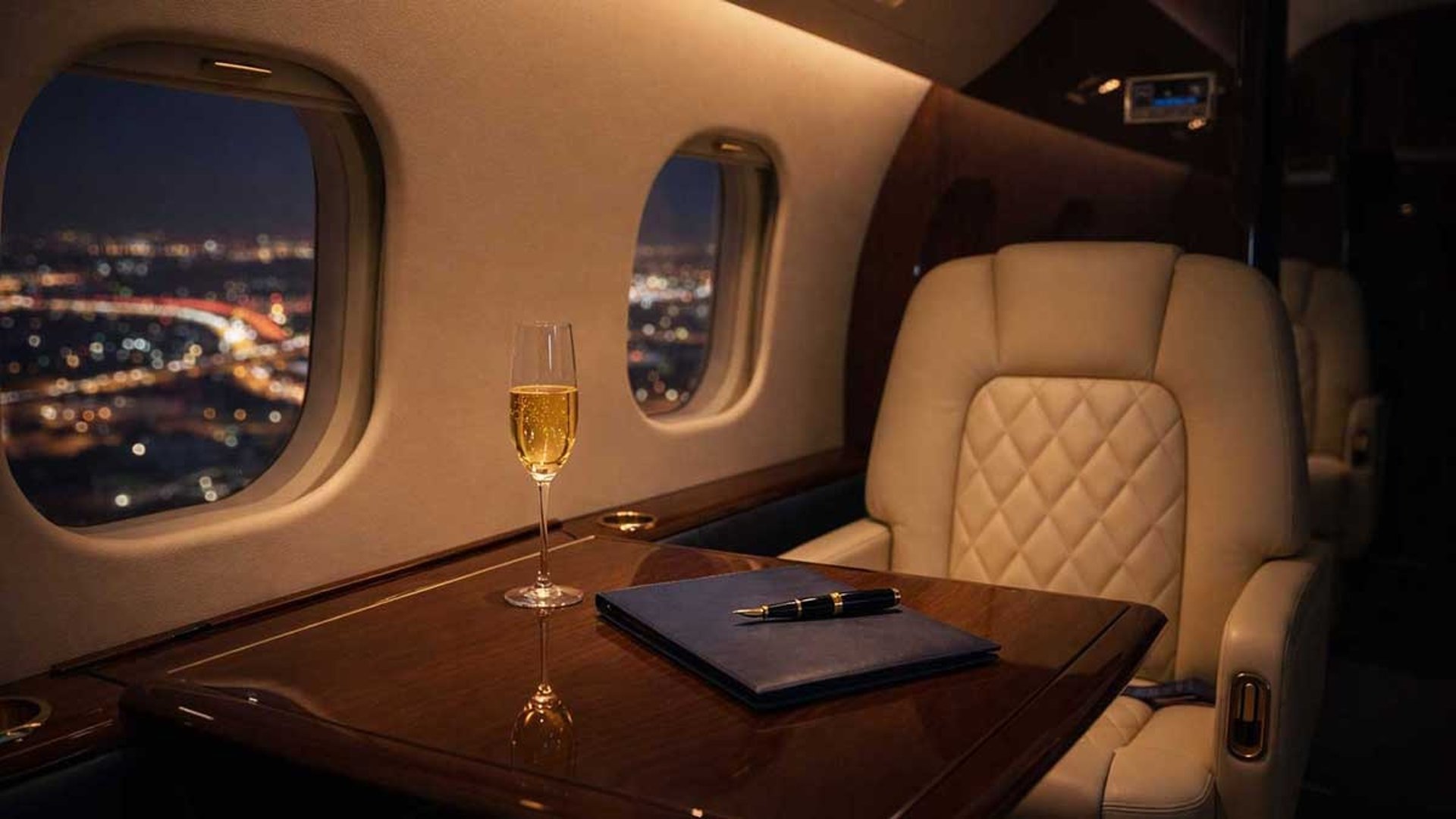 Private jet interior at night representing concierge services for high net worth individuals in the UAE
