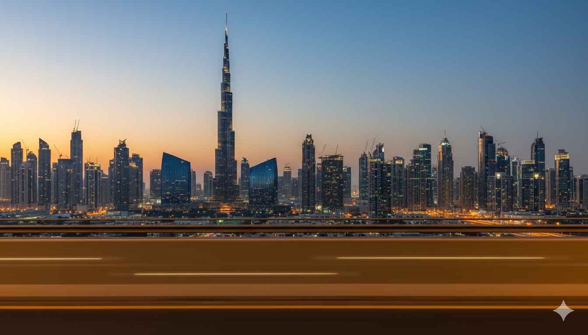 Panoramic Dubai skyline at dusk with Burj Khalifa, symbolizing the city’s prime real estate and investment landscape.