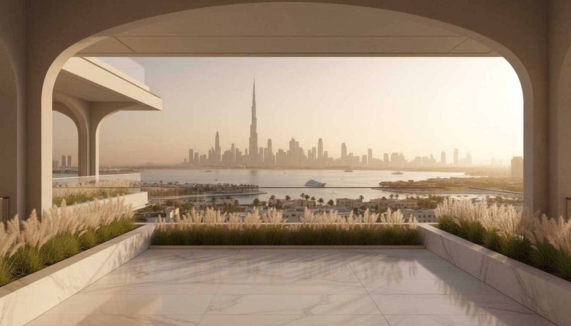 Luxury Dubai villa terrace overlooking skyline and Arabian Gulf at sunset, Bond Properties Global Sell Your Property UAE page