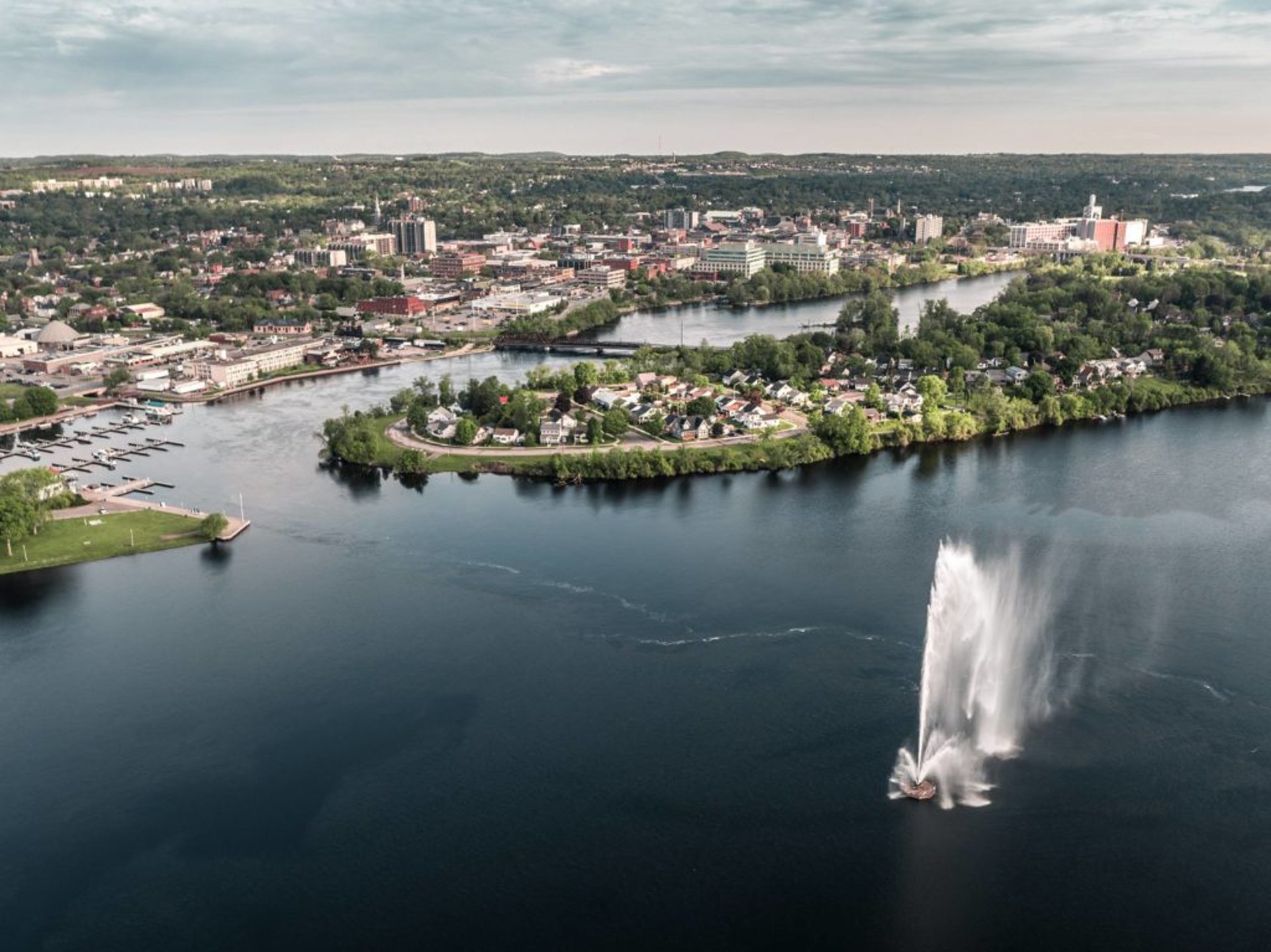 a view of a city skyline at sunset