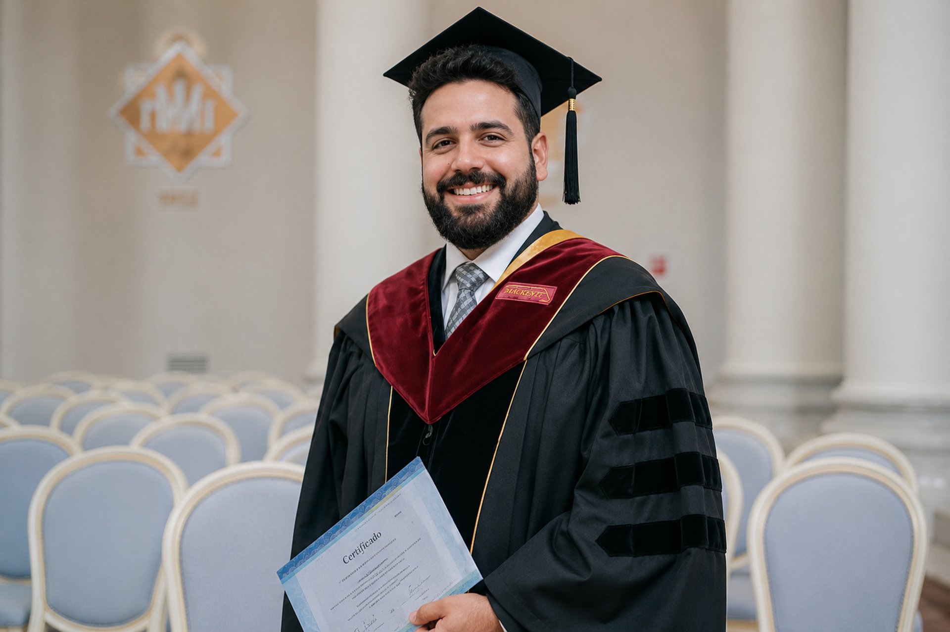 a person wearing a graduation cap and gown holding a diploma
