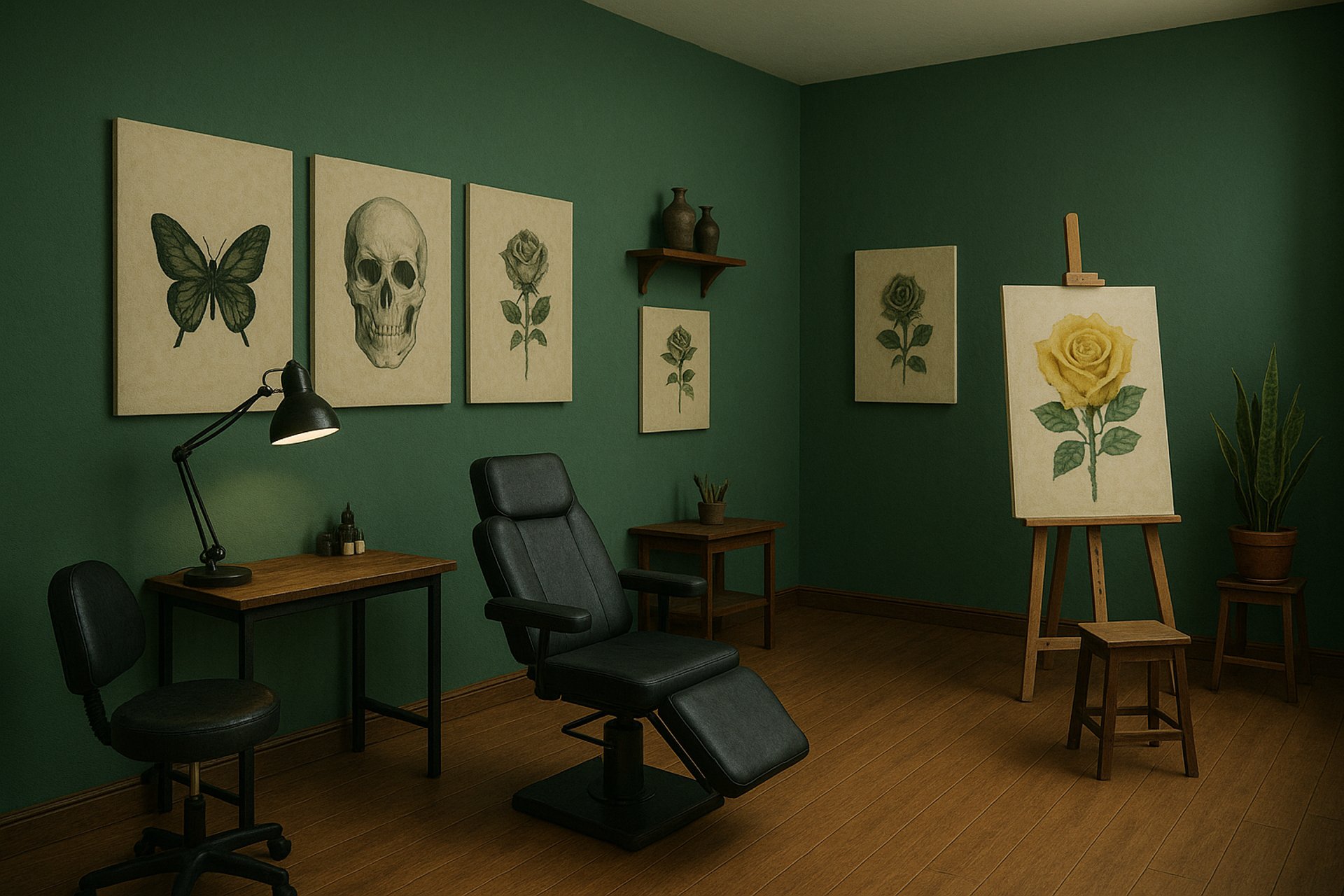 an easel with a painting on it in front of a window