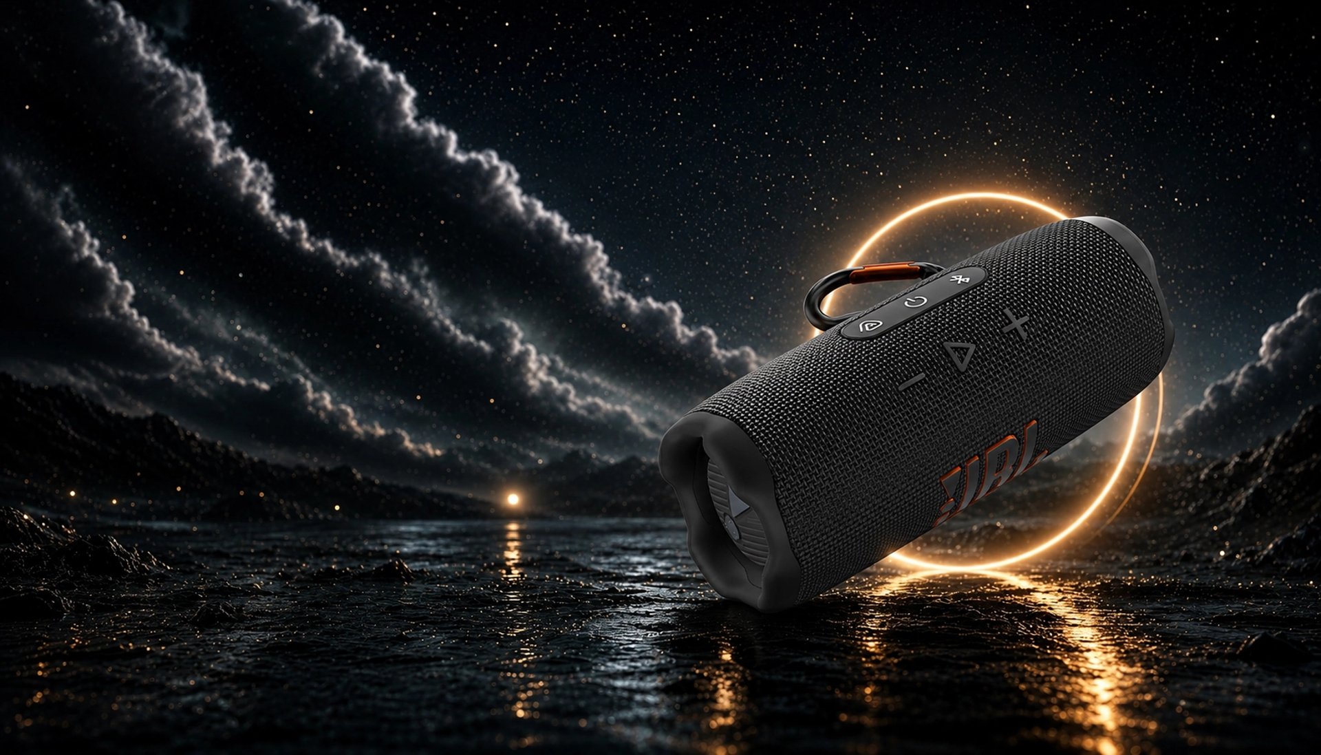 Enceinte JBL Flip 7 noire en vue 3/4, suspendue dans un décor sombre avec un halo lumineux doré