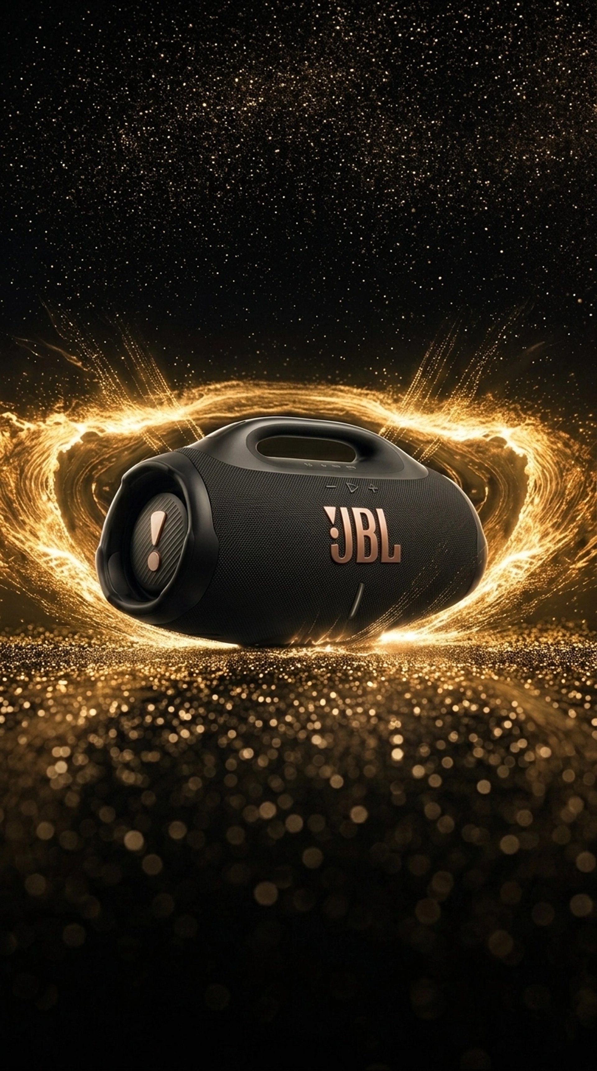 Enceinte JBL Boombox 4 noire entourée d'une explosion d'ondes et de particules dorées sur un fond sombre étincelant