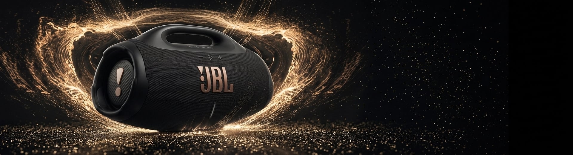 Enceinte JBL Boombox 4 noire entourée d'une explosion d'ondes et de particules dorées sur un fond sombre étincelant
