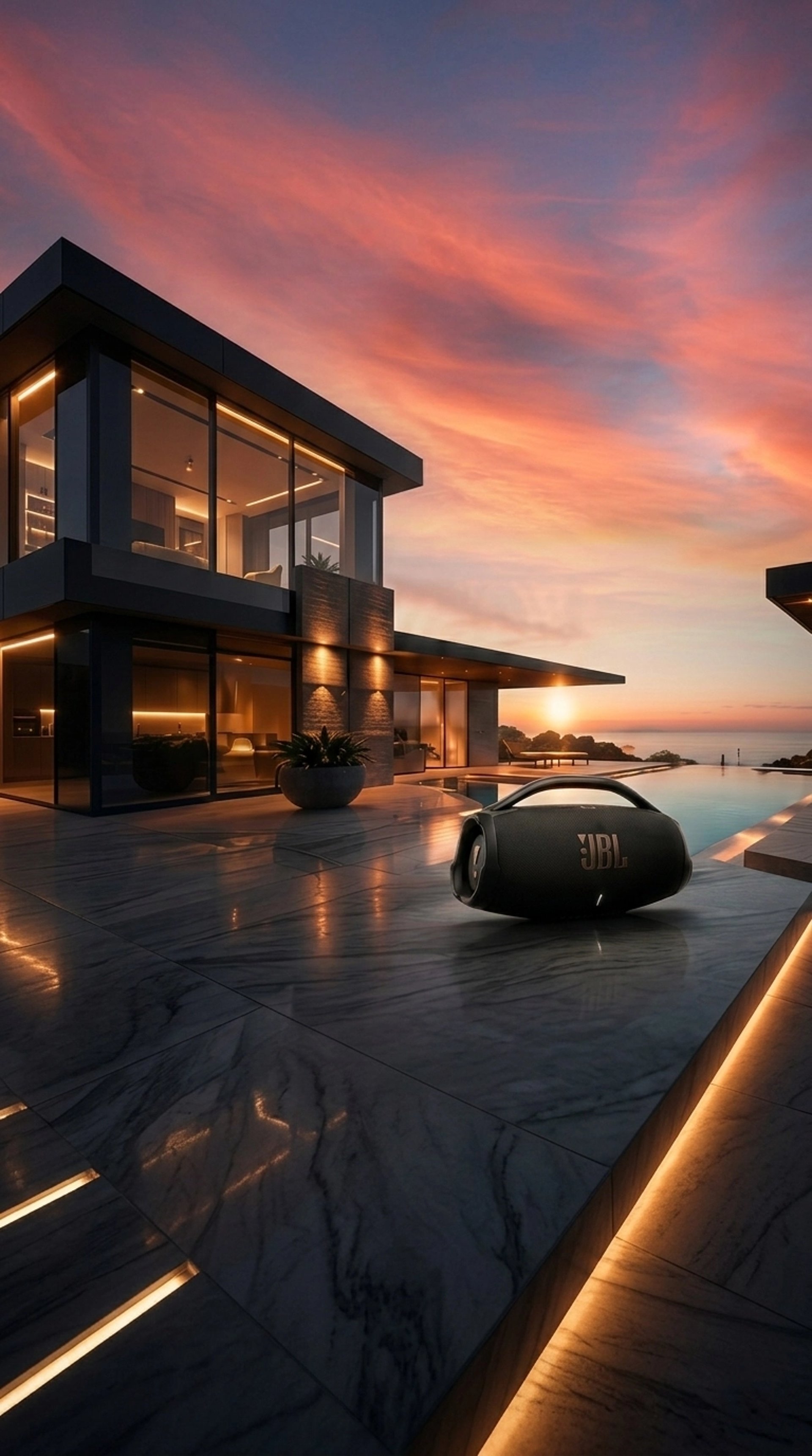 Enceinte Bluetooth JBL Boombox 4 au bord de la piscine d'une villa d'architecte face à la mer