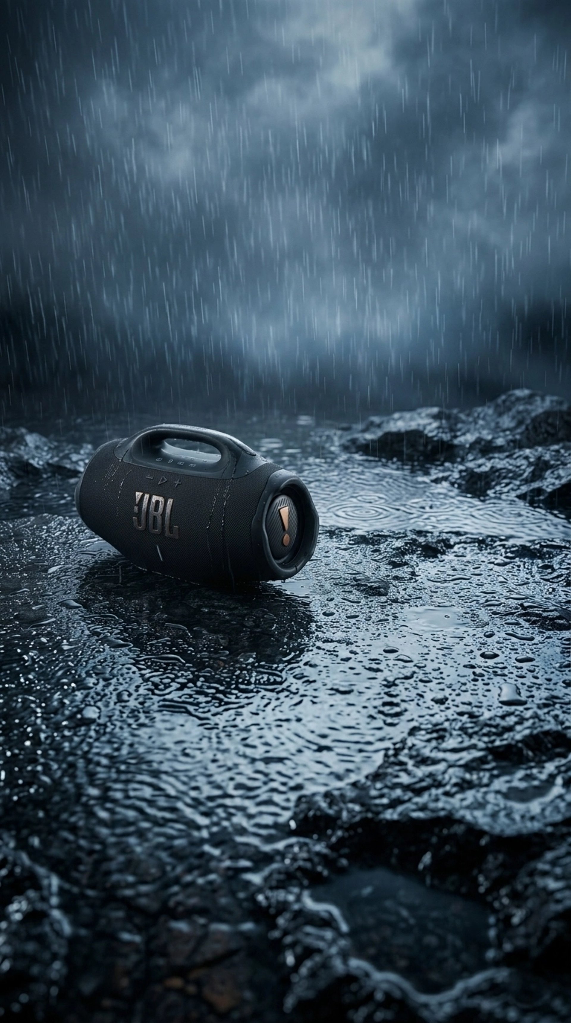 Enceinte portable JBL Boombox 4 noire isolée au milieu, posée sur une surface rocheuse mouillée sous une pluie torrentielle