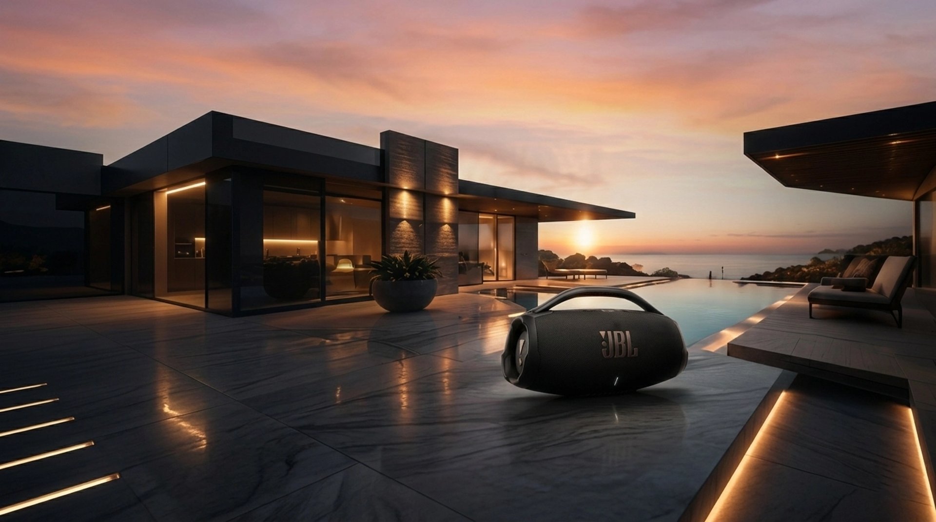 Enceinte Bluetooth JBL Boombox 4 au bord de la piscine d'une villa d'architecte face à la mer