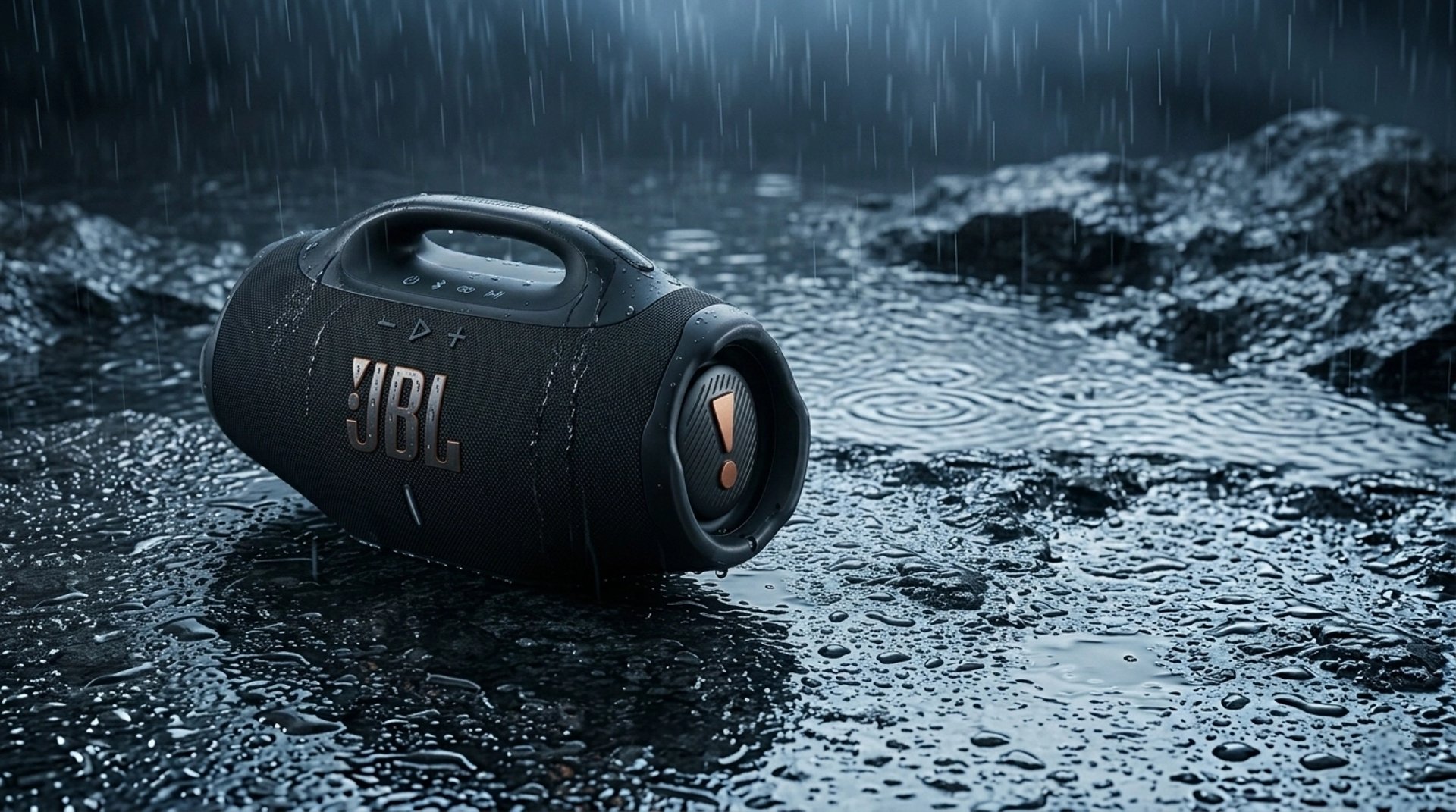 Enceinte portable JBL Boombox 4 noire isolée au milieu, posée sur une surface rocheuse mouillée sous une pluie torrentielle