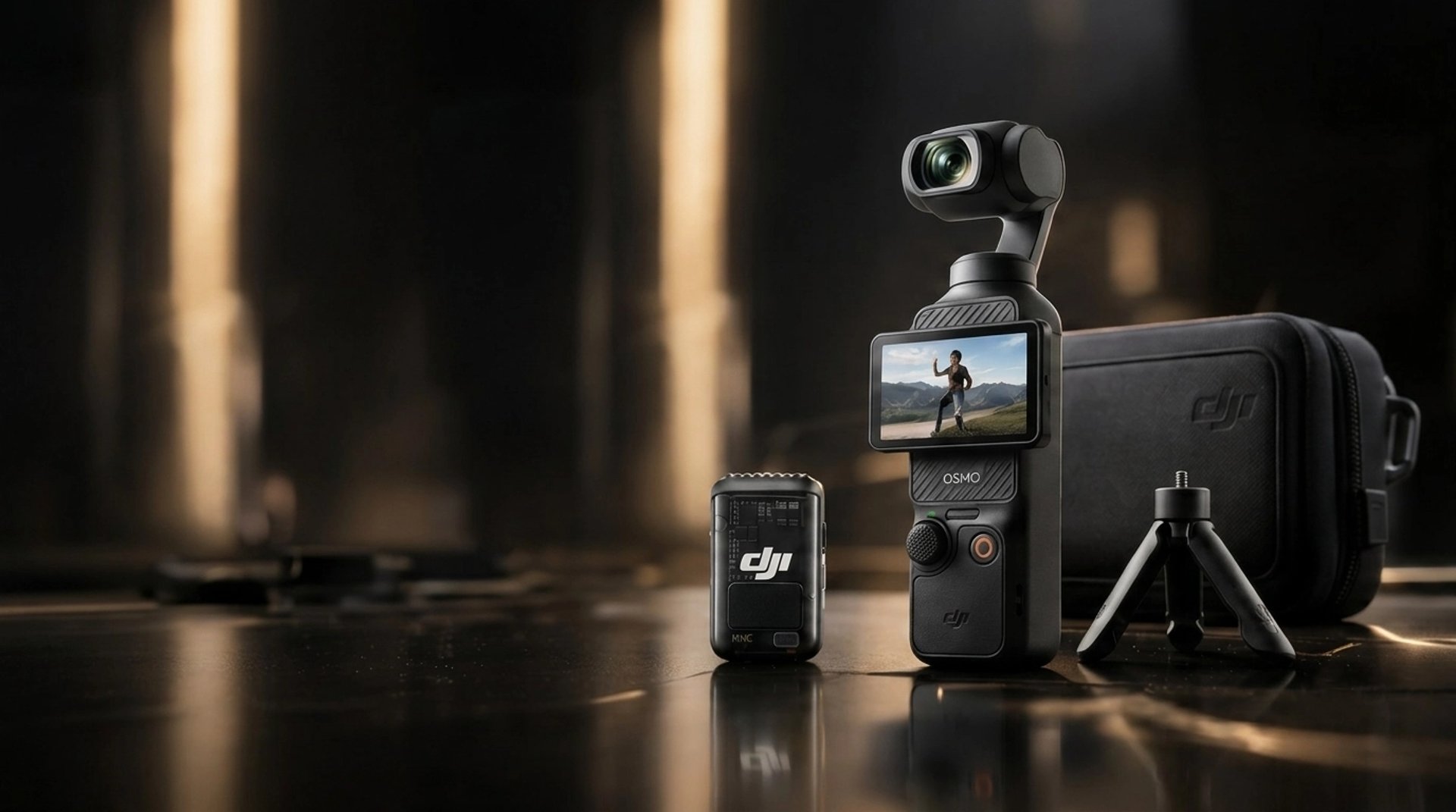 Kit créateur DJI Osmo Pocket 3 : caméra, micro, trépied, étui sur fond sombre.