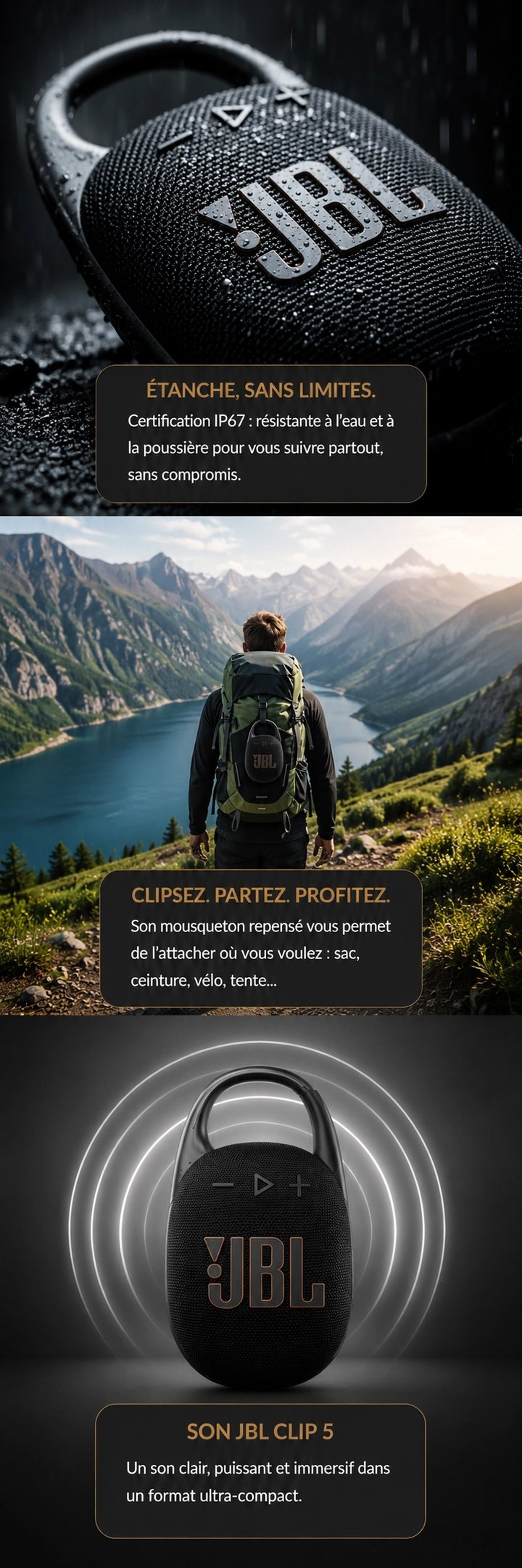JBL CLIP 5 présentée étanchéité, clipse, son jbl pro