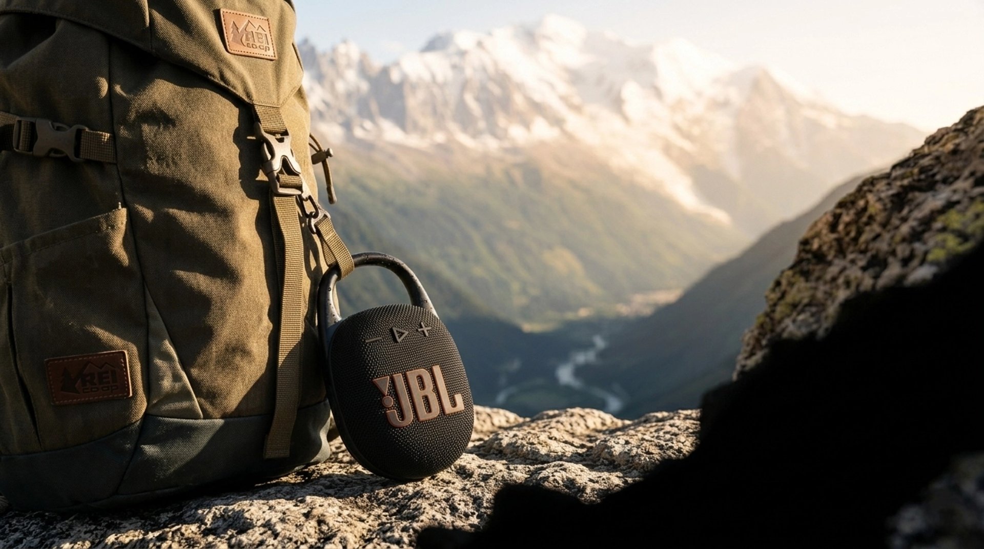 l'enceinte JBL CLIP 5 accrochée sur une sangle d'un sac à dos en haute montagne
