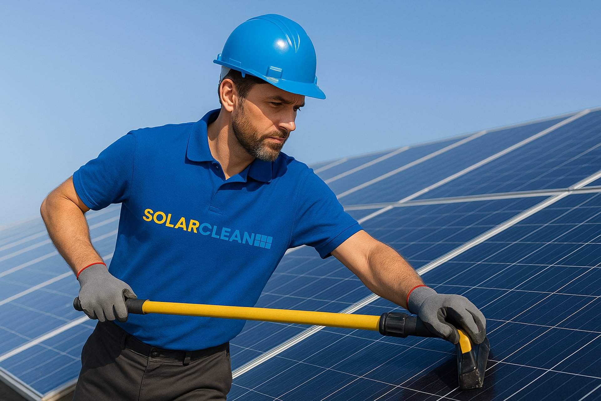 Cleaning solar panels with a long handled brush.