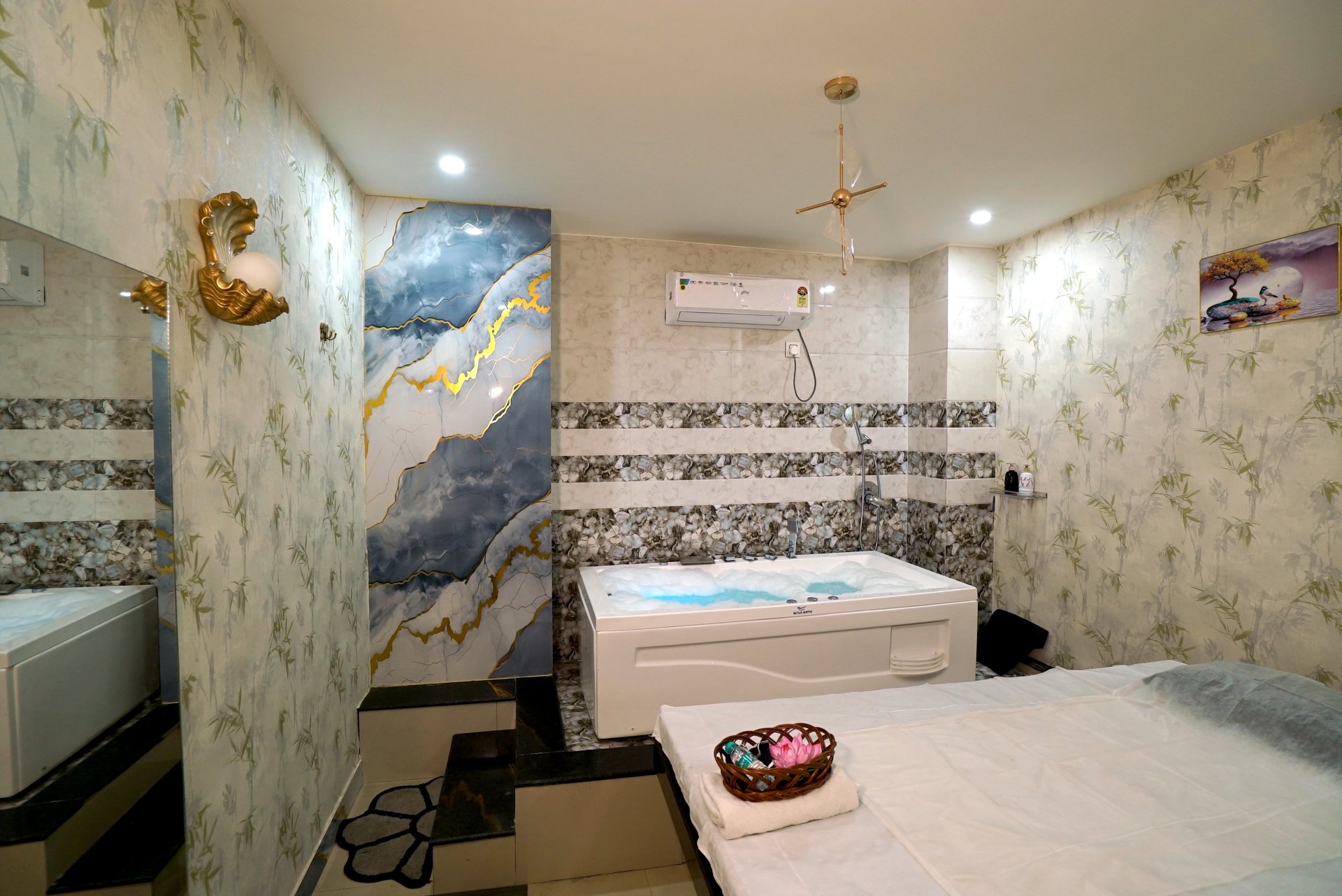 A modern steam room with a candle and ambient lighting.