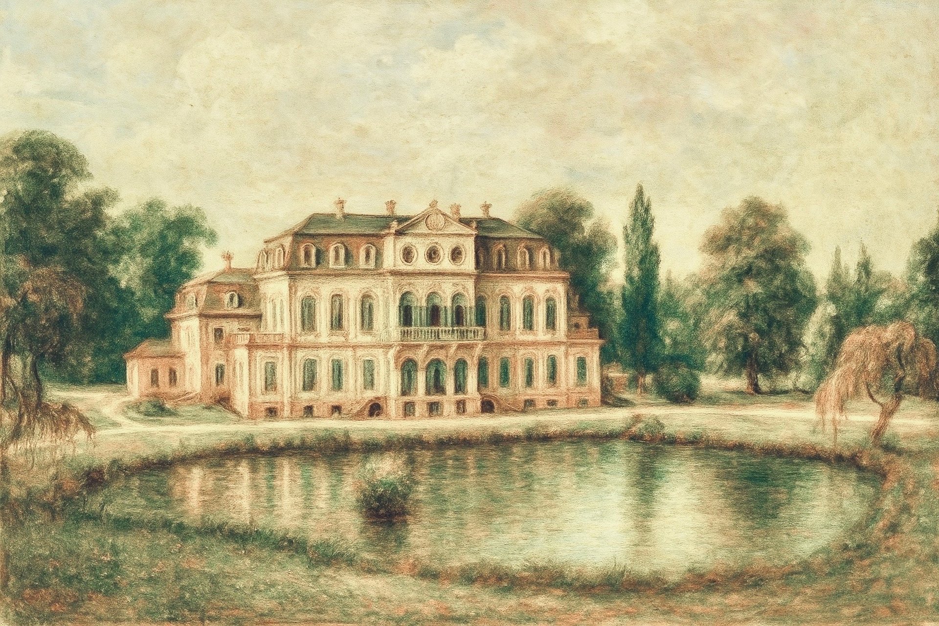 a large white house sitting on top of a lush green field