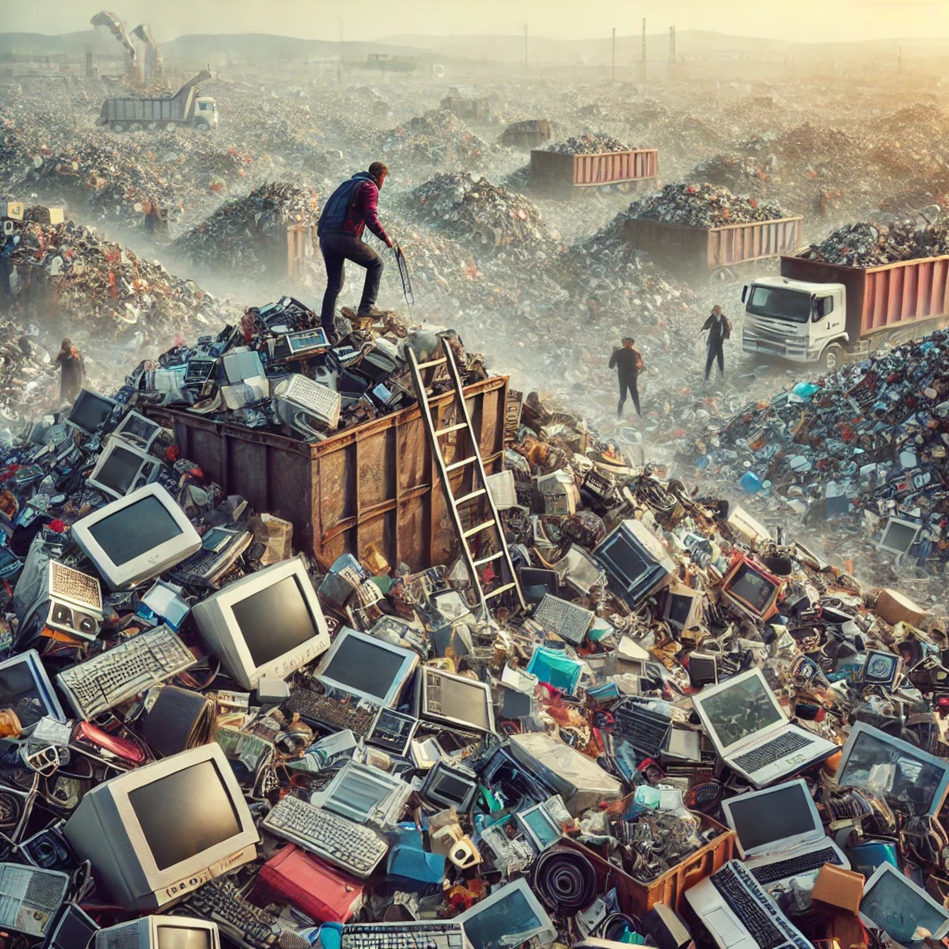 on y voit des personnes grimper sur un tas de déchets éléctronique du à l'obsolescence