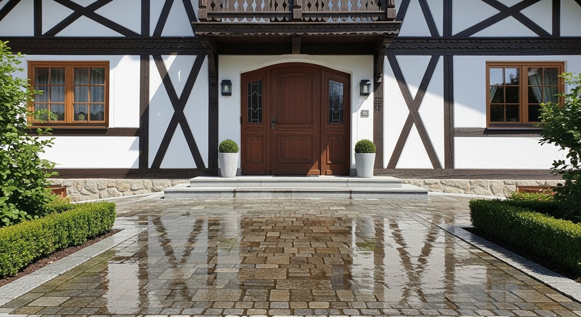 a white building with a red roof surrounded by hedges