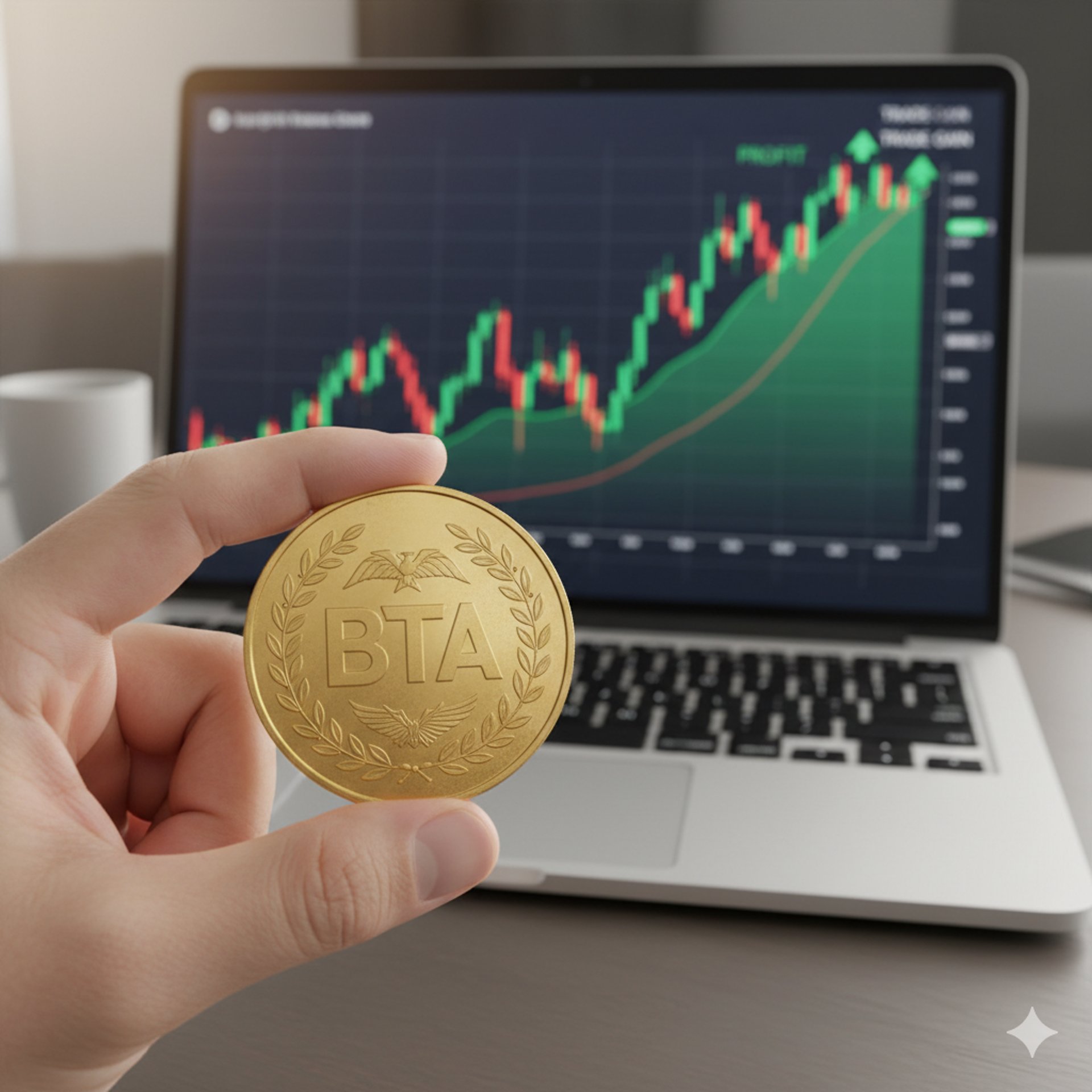 a person holding a coin in front of a computer