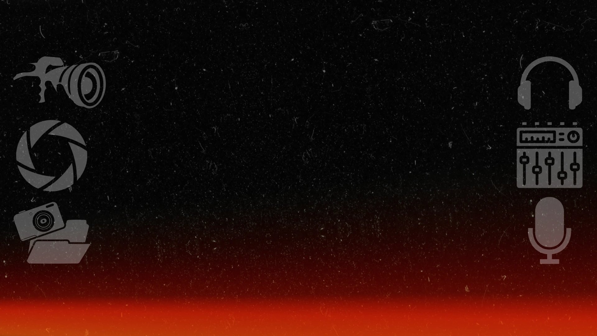 Miami podcast studio background with red and black gradient and creative icons for camera, microphone, and audio mixing