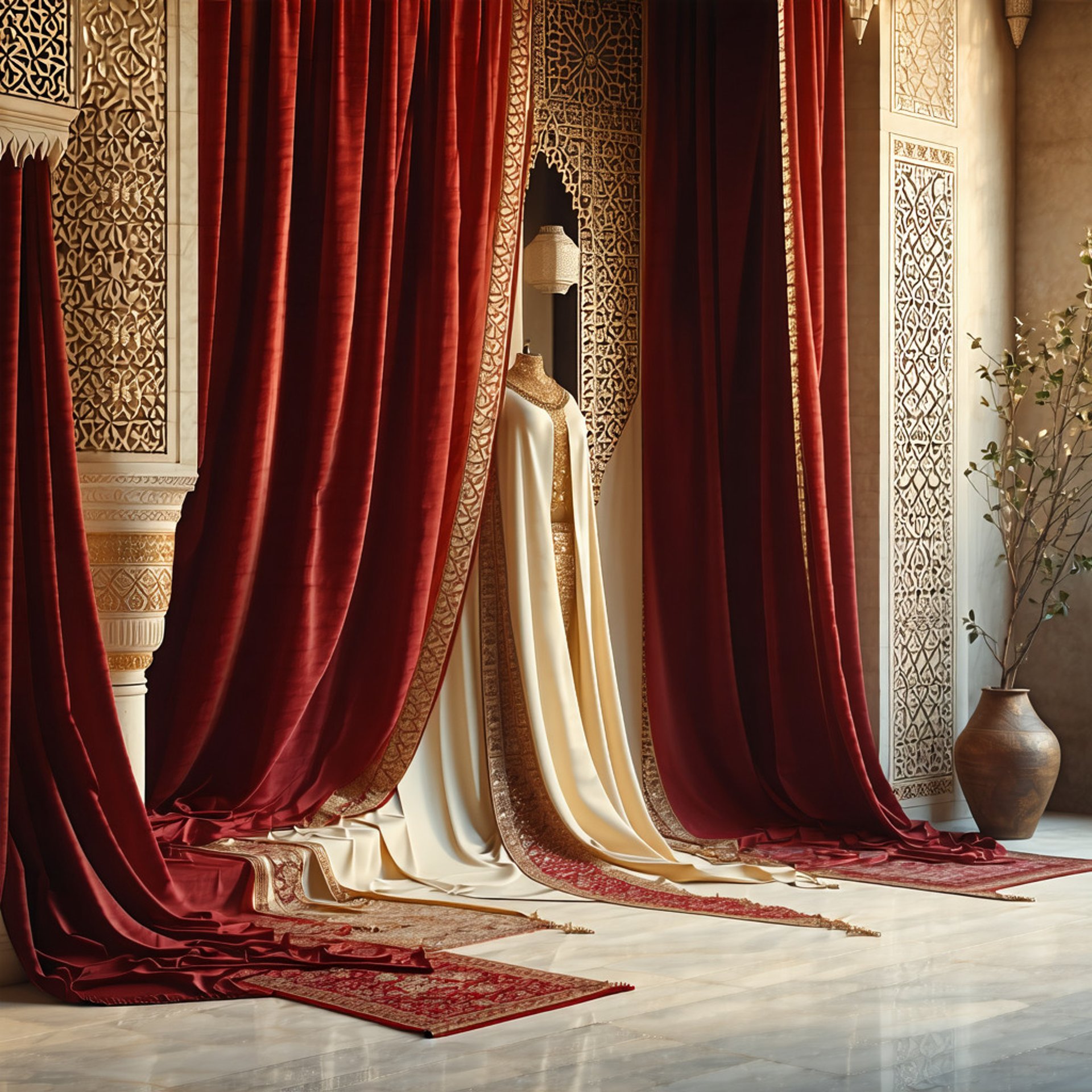 Arrière-plan royal représentant l’univers du caftan marocain traditionnel, orné de motifs arabesques dorés, tissus de soie et