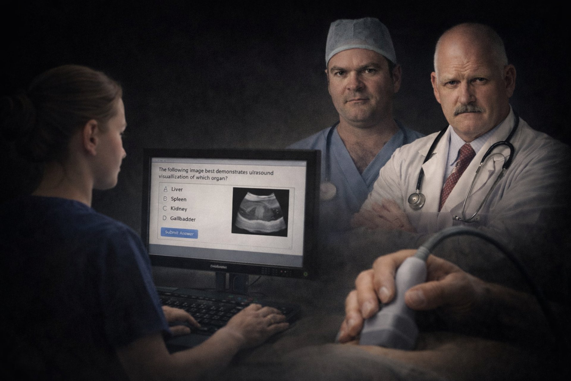 Doctors await the ultrasound findings as a student trains digitally, highlighting the union of knowledge and hands-on skill.