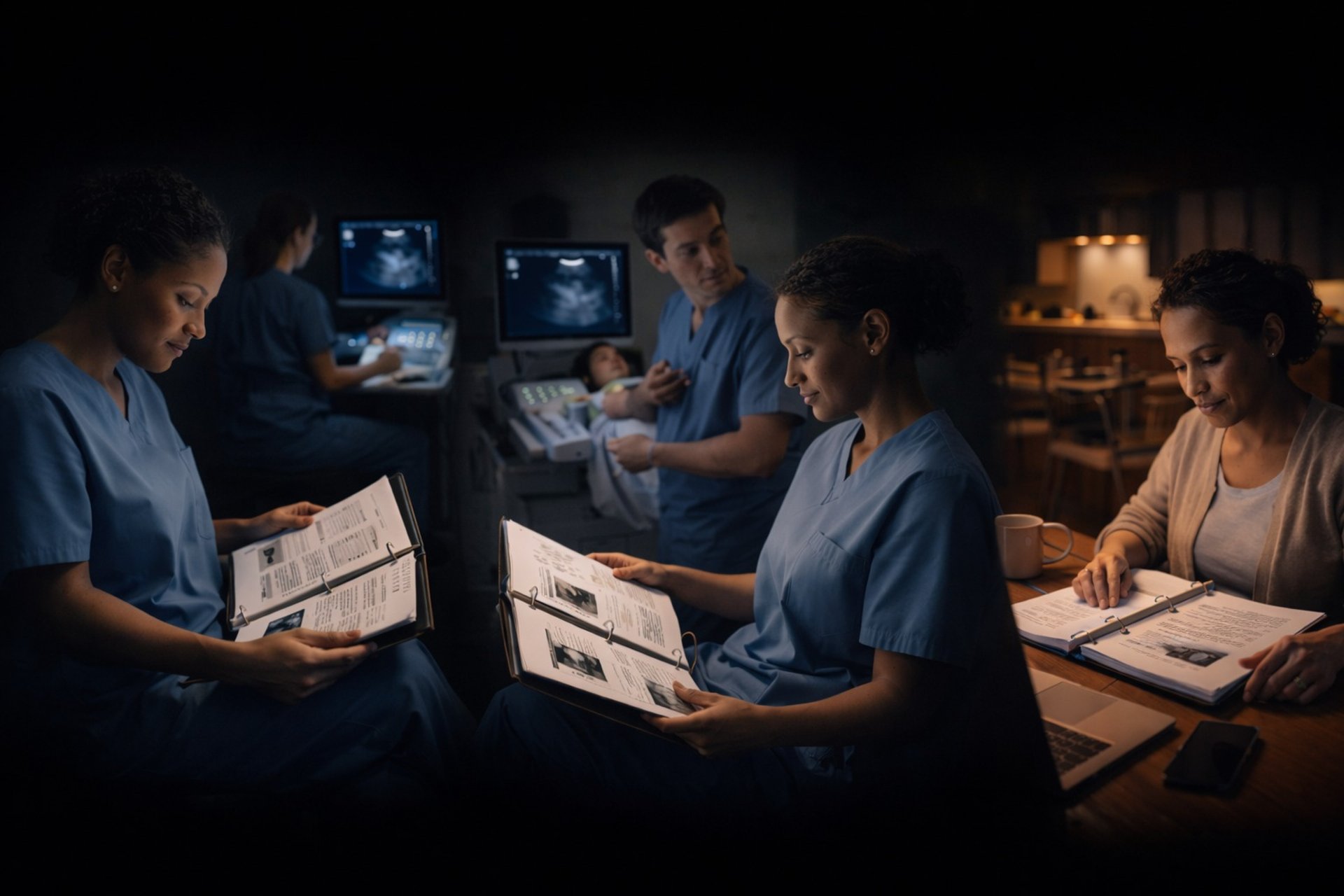 Ultrasound student with our course training materials.