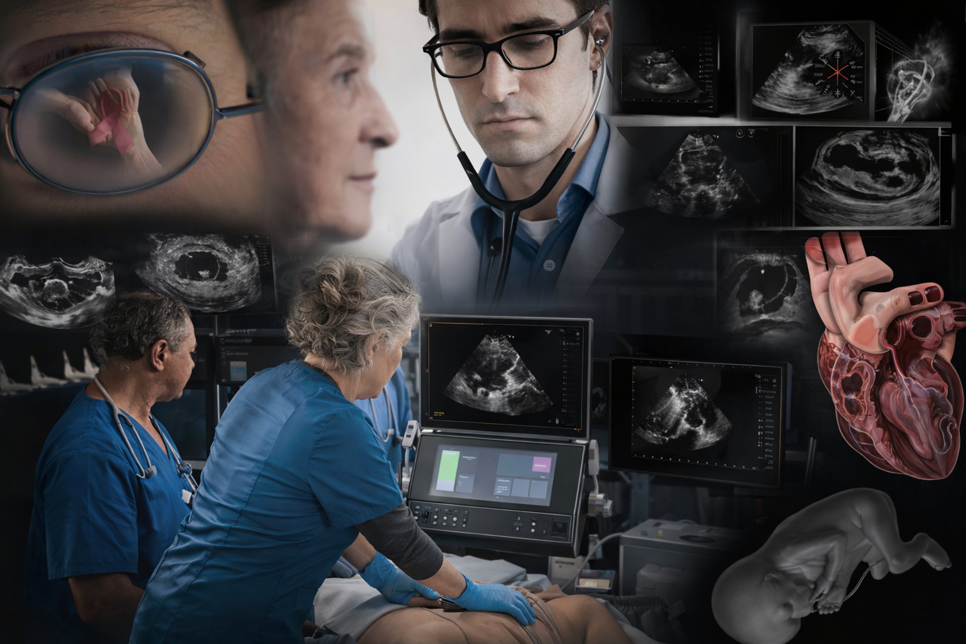 Montage of images of clinicians using POCUS ultrasound.