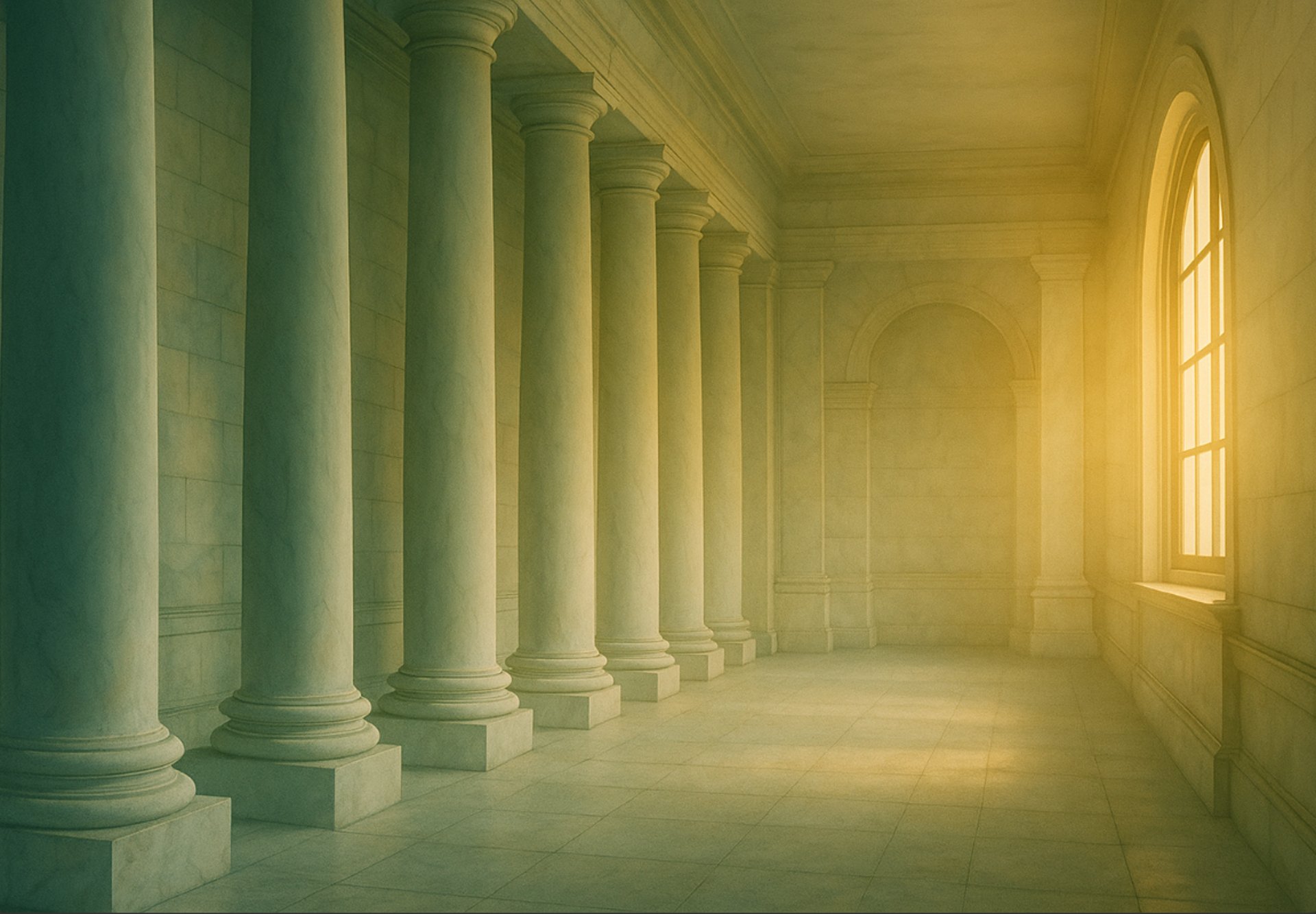 Morning sunlight streaming through monument windows on Greek stone columns.