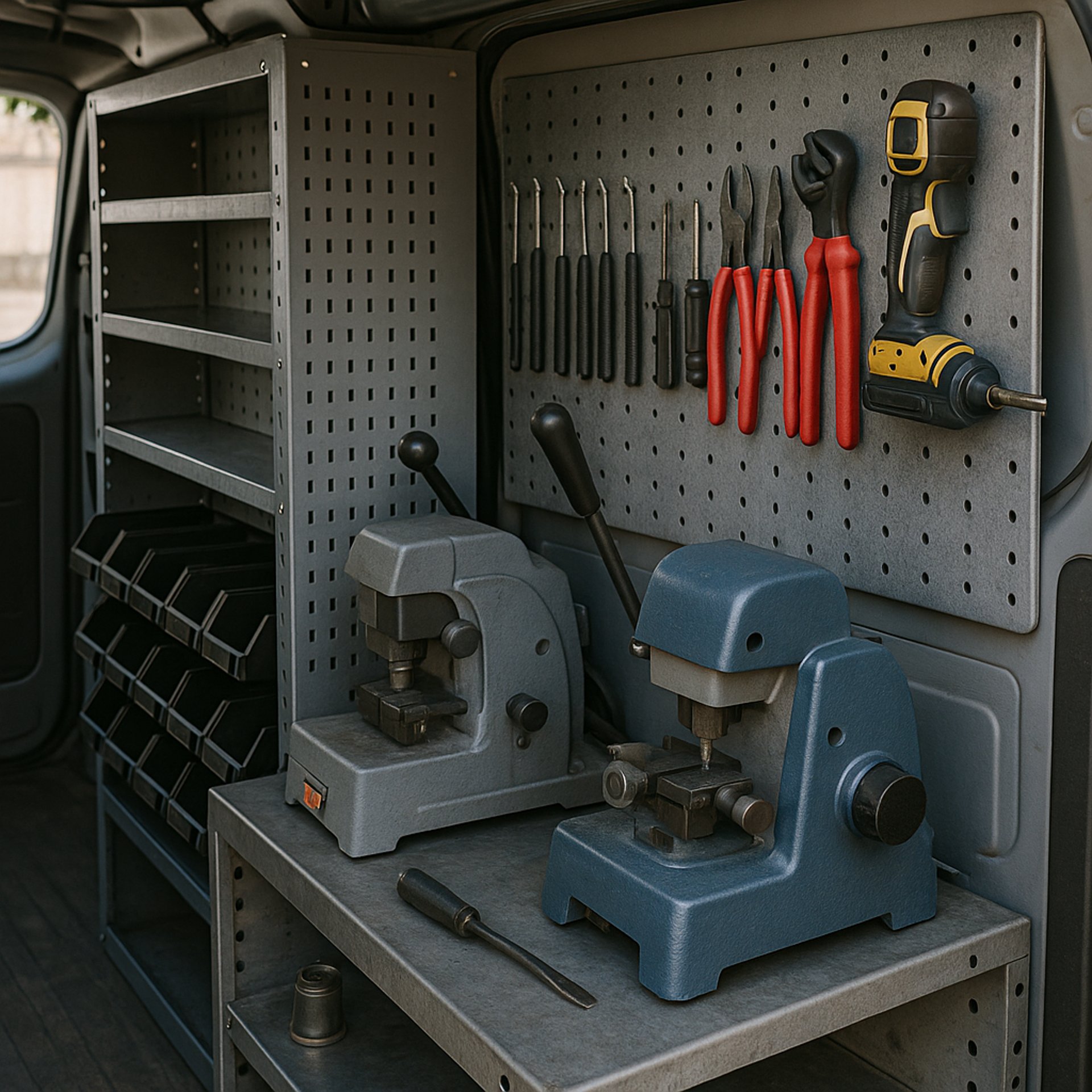 View of a locksmith work van interior with organized tools, key cutting machines, and metal shelving.