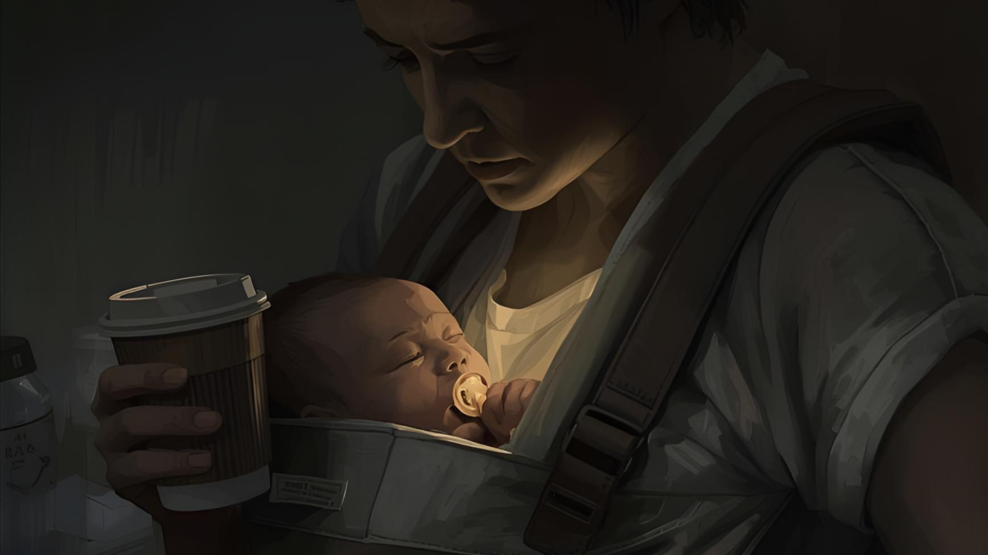 Tired but loving parent with coffee looking at baby in carrier figuring out the early weeks. Cradira supports you through it.